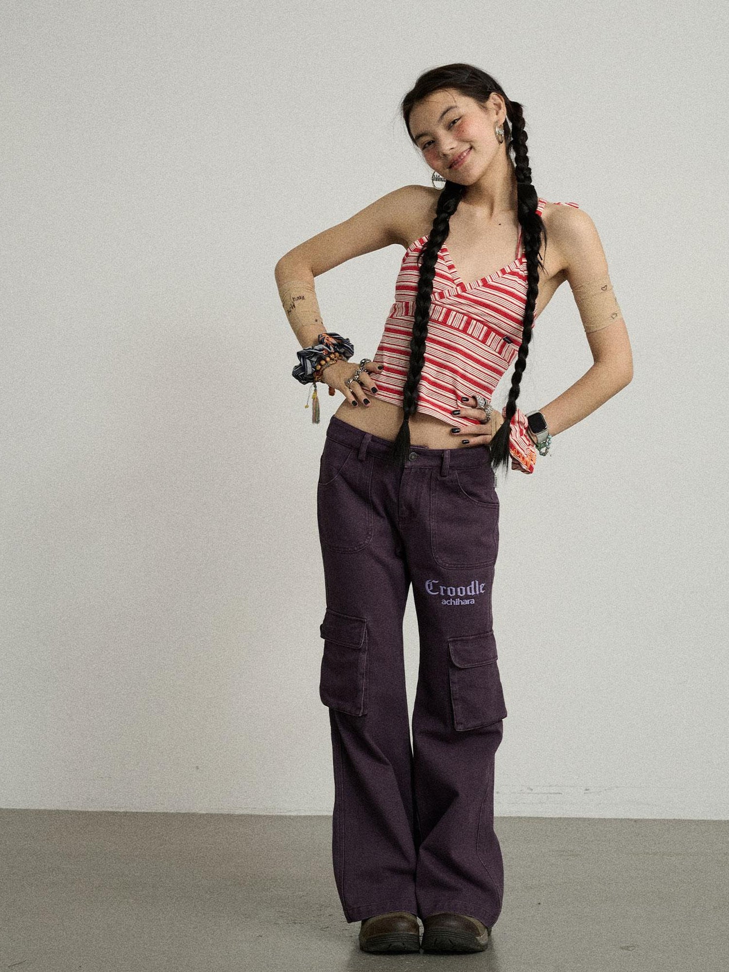 Achihara Gothic Pigeon Low Rise Flare Cargo Pants