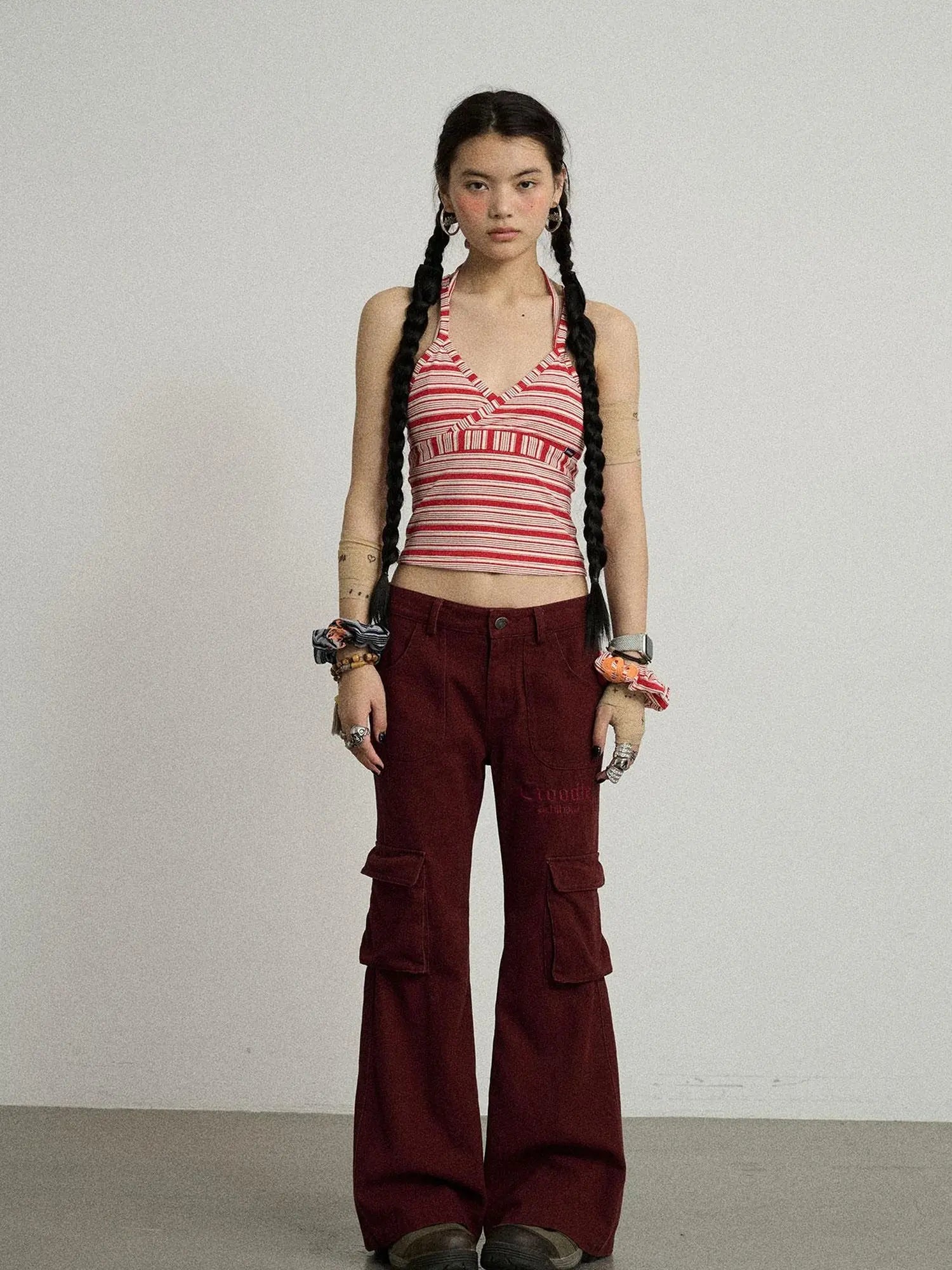 Gothic Pigeon Low Rise Flare Cargo Pants