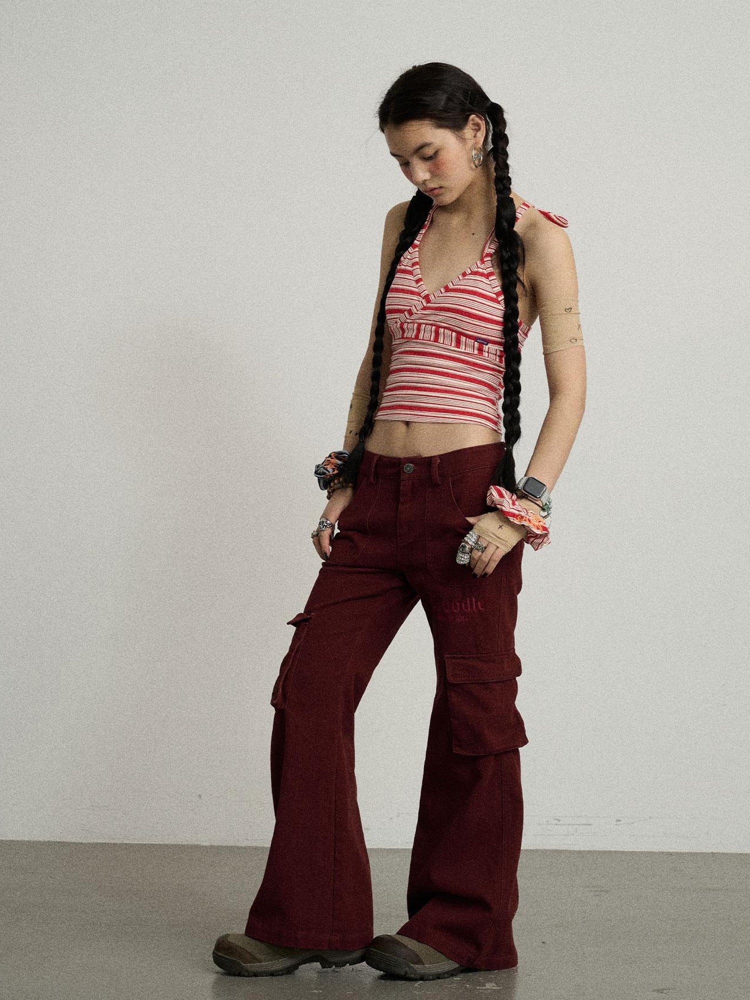 Achihara Gothic Pigeon Low Rise Flare Cargo Pants