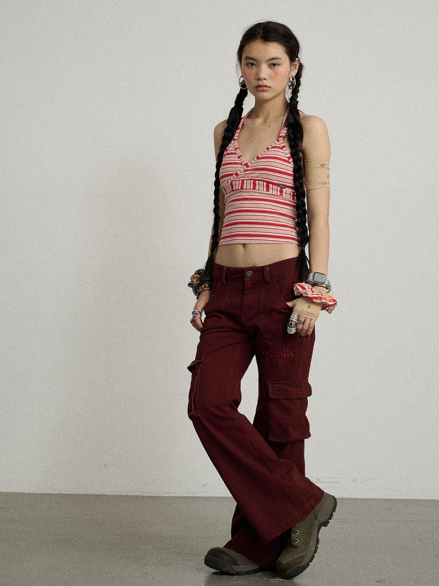 Achihara Gothic Pigeon Low Rise Flare Cargo Pants