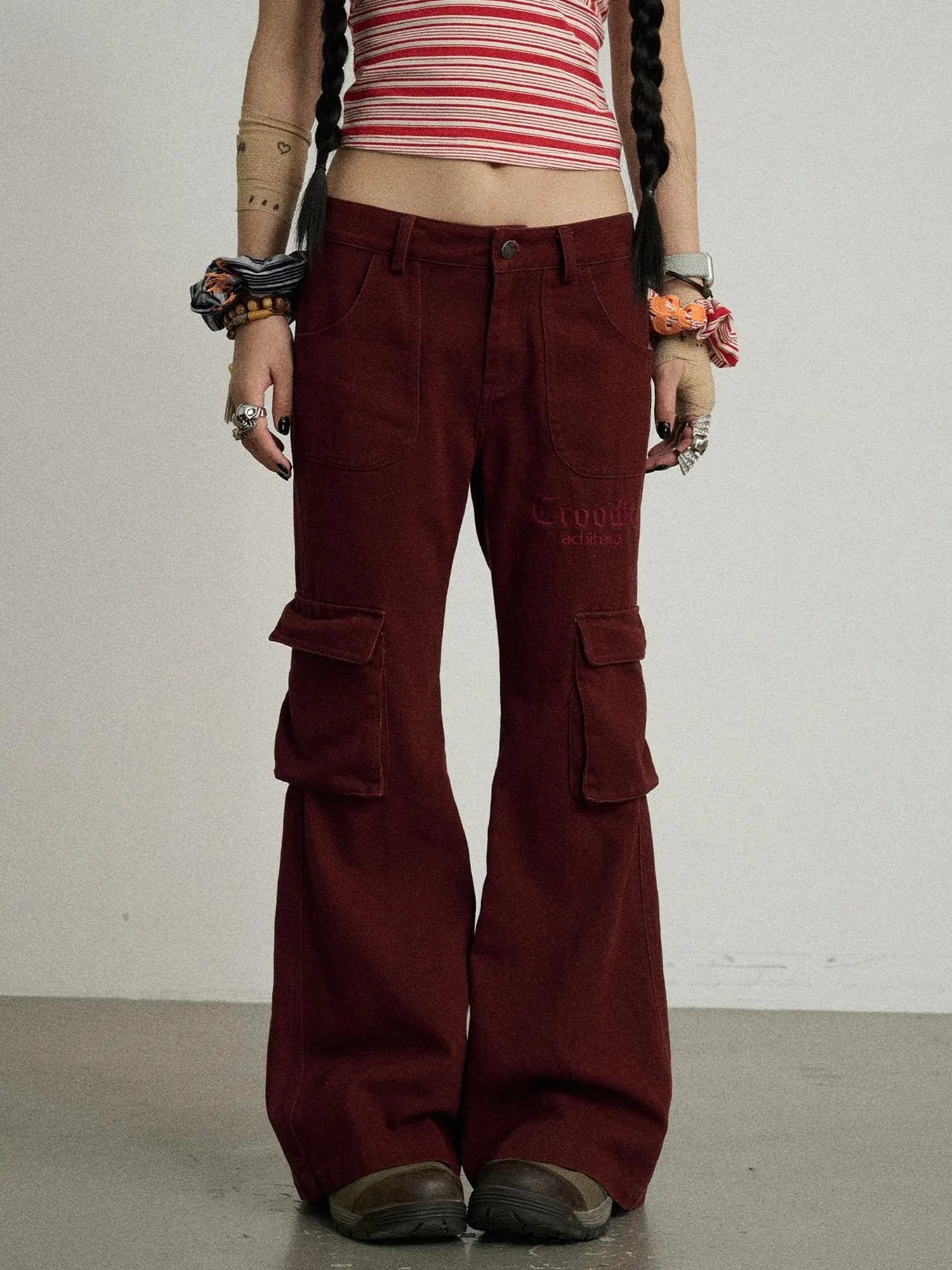 Gothic Pigeon Low Rise Flare Cargo Pants