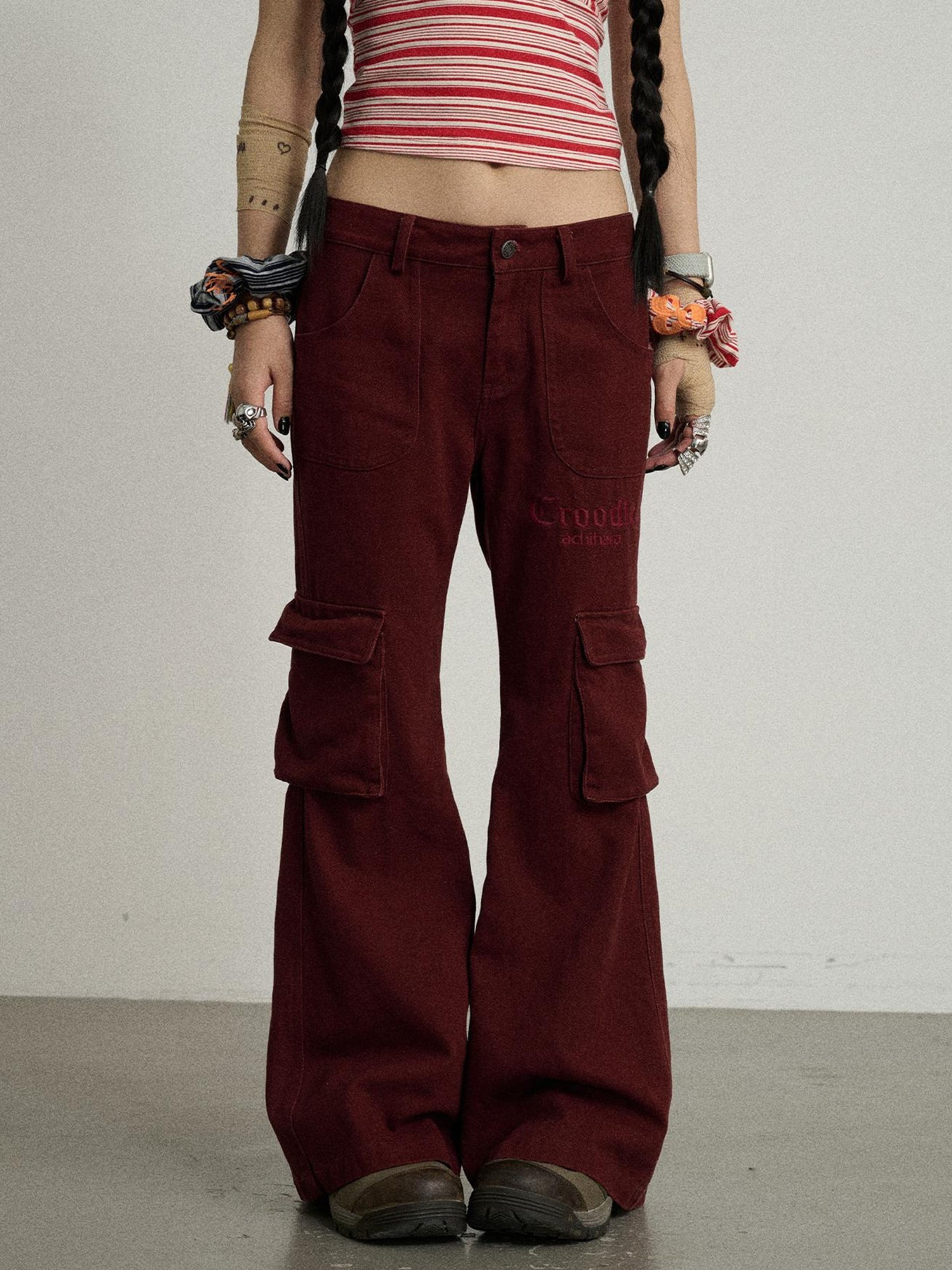 Achihara Gothic Pigeon Low Rise Flare Cargo Pants