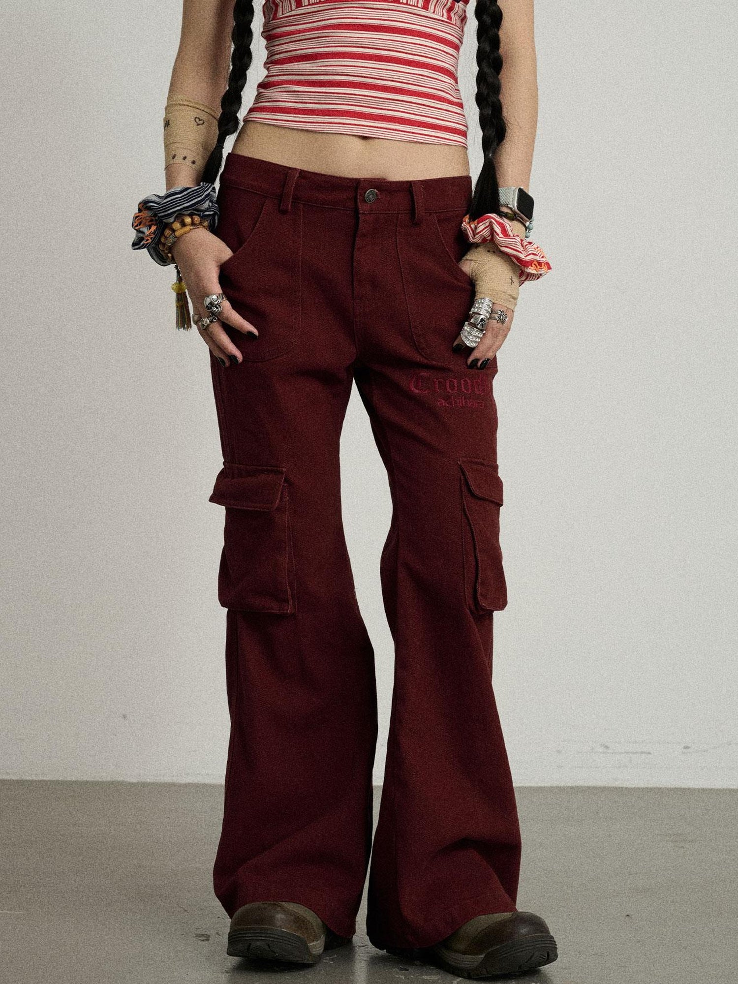 Achihara Gothic Pigeon Low Rise Flare Cargo Pants