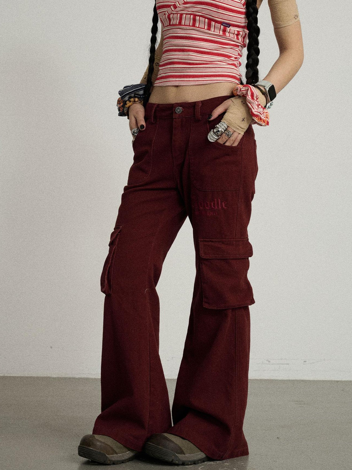 Achihara Gothic Pigeon Low Rise Flare Cargo Pants