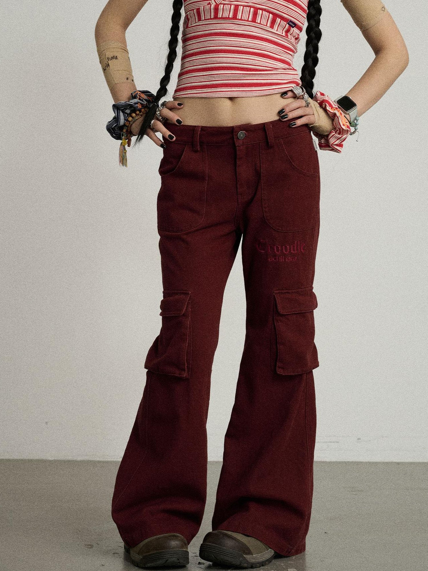 Achihara Gothic Pigeon Low Rise Flare Cargo Pants