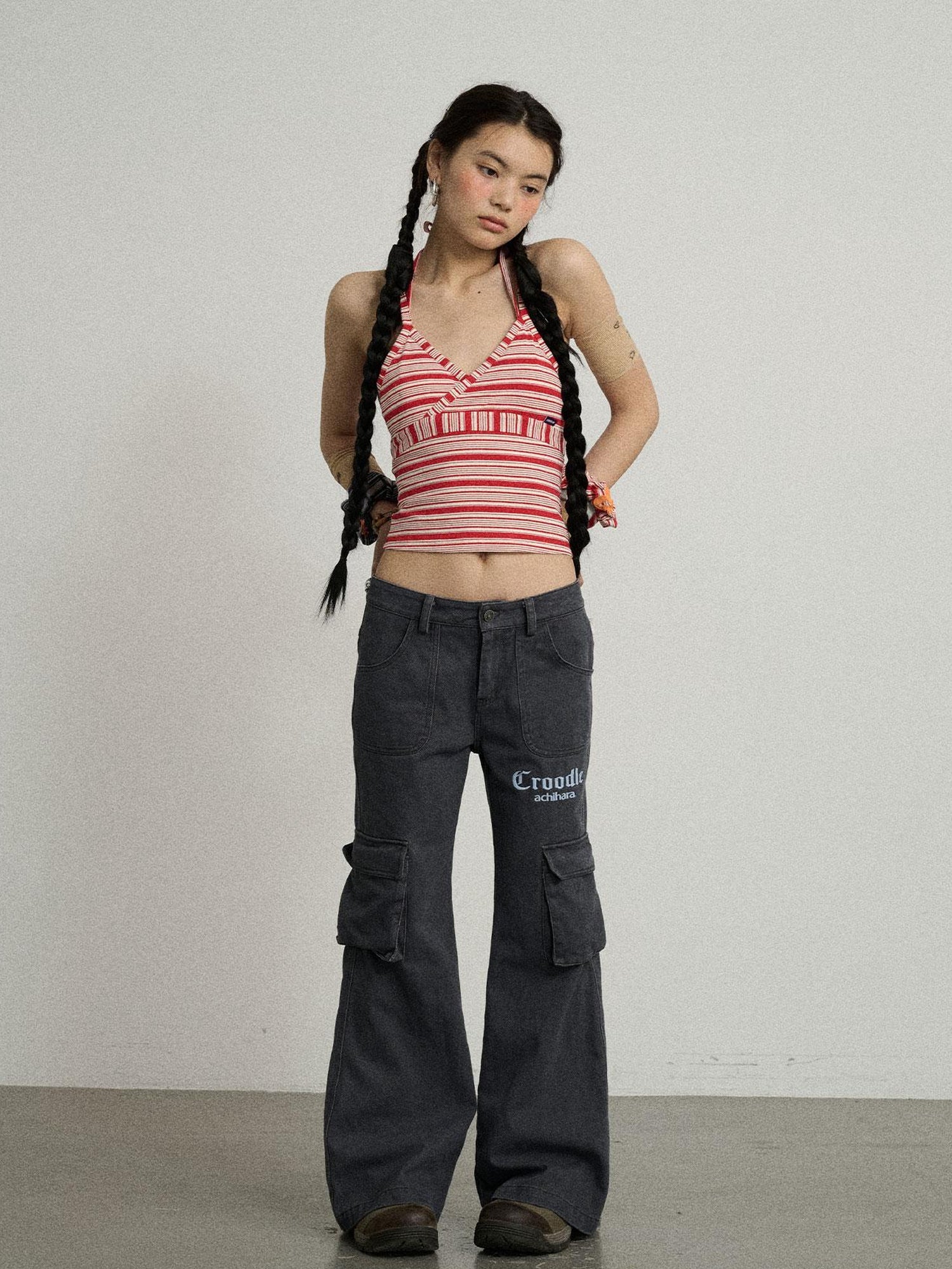 Achihara Gothic Pigeon Low Rise Flare Cargo Pants