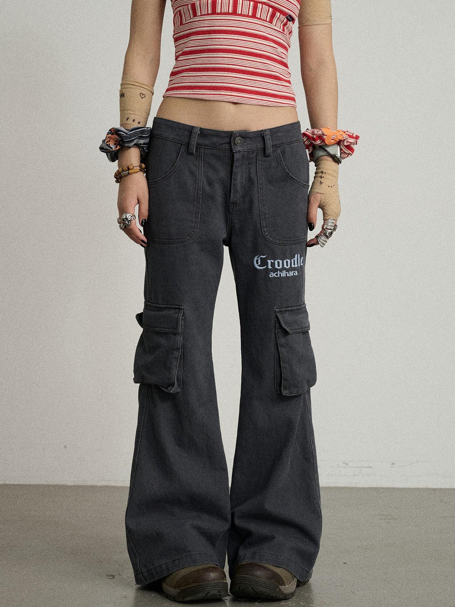 Achihara Gothic Pigeon Low Rise Flare Cargo Pants