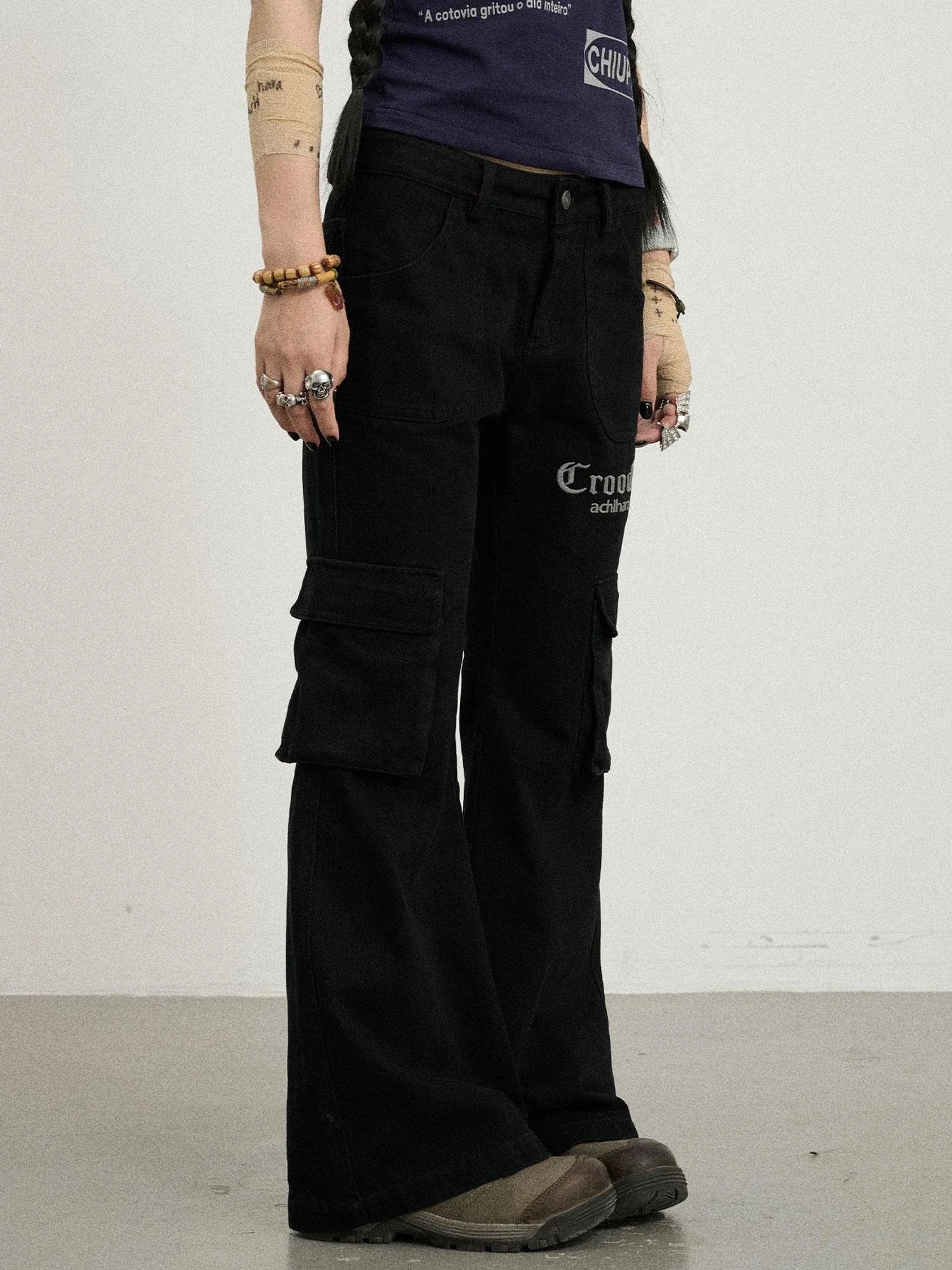 Gothic Pigeon Low Rise Flare Cargo Pants