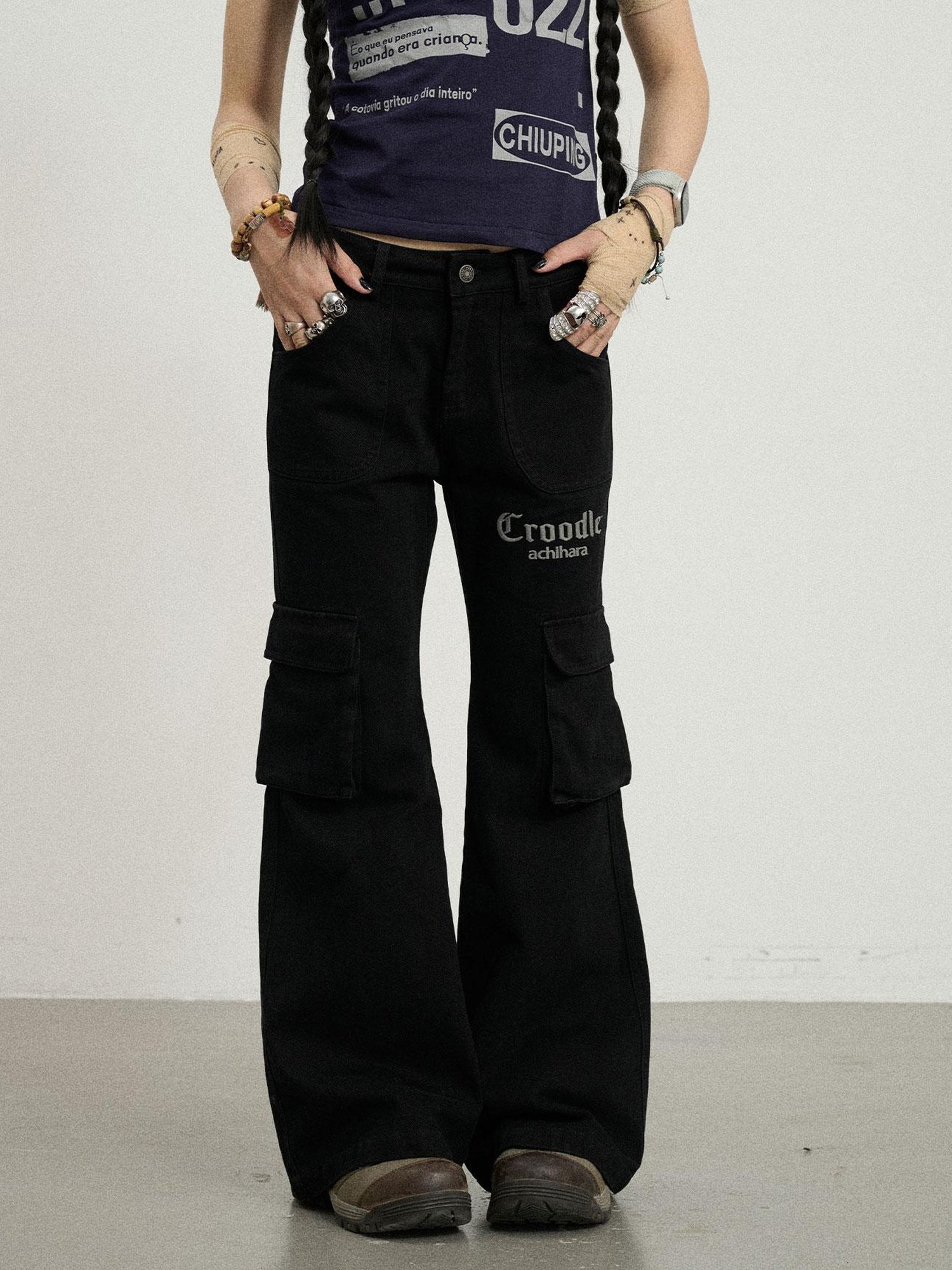 Achihara Gothic Pigeon Low Rise Flare Cargo Pants