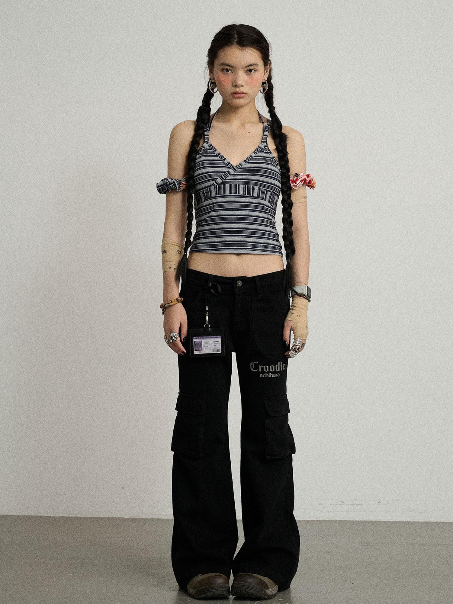 Achihara Gothic Pigeon Low Rise Flare Cargo Pants