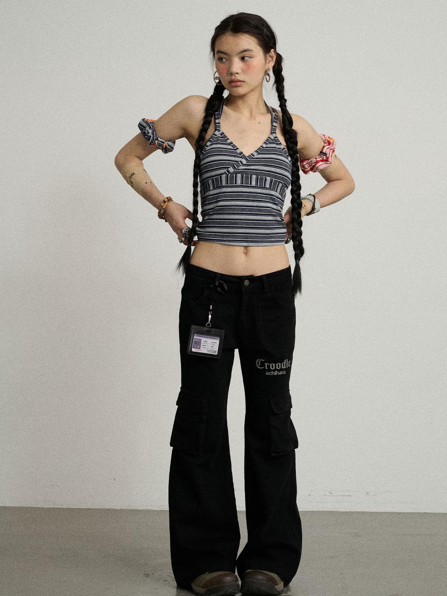 Achihara Gothic Pigeon Low Rise Flare Cargo Pants