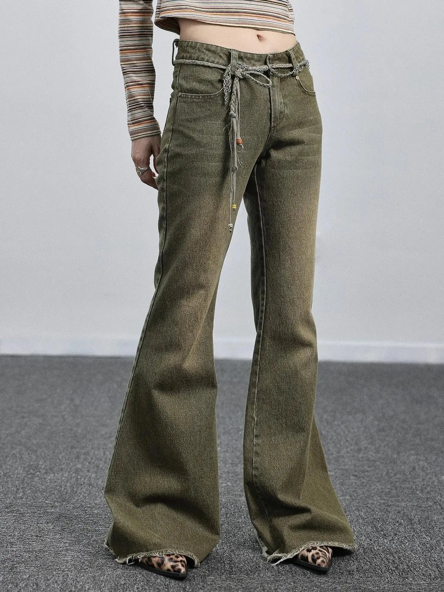 Green Denim Flare Pants For Summer & Fall