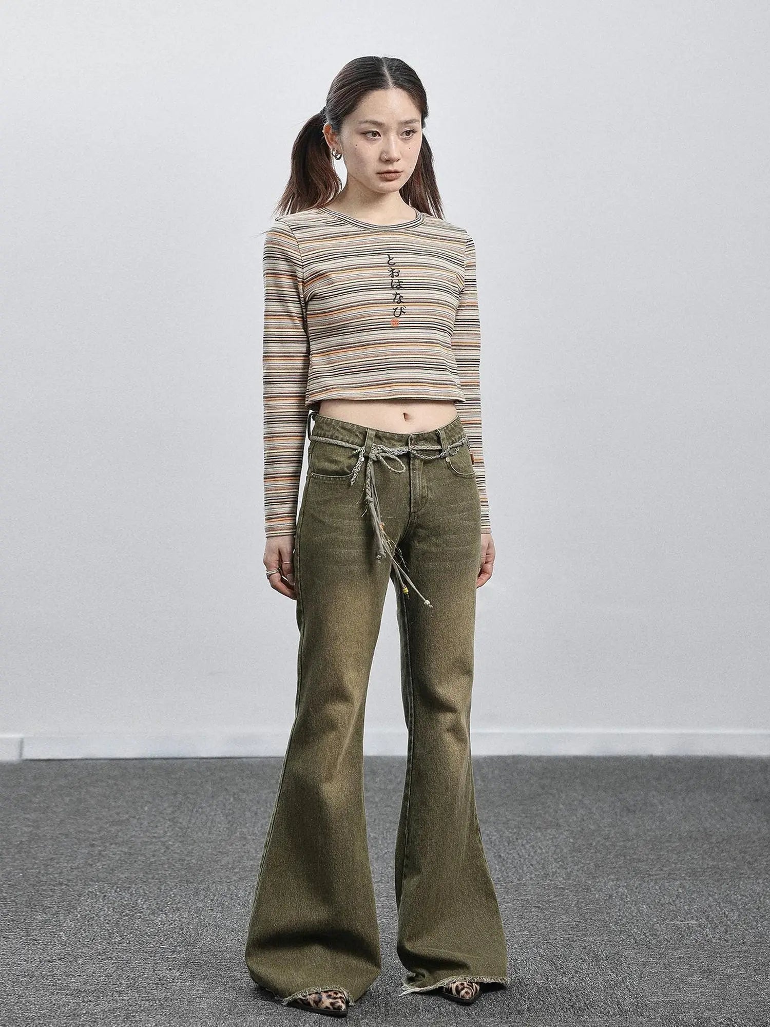 Green Denim Flare Pants For Summer & Fall