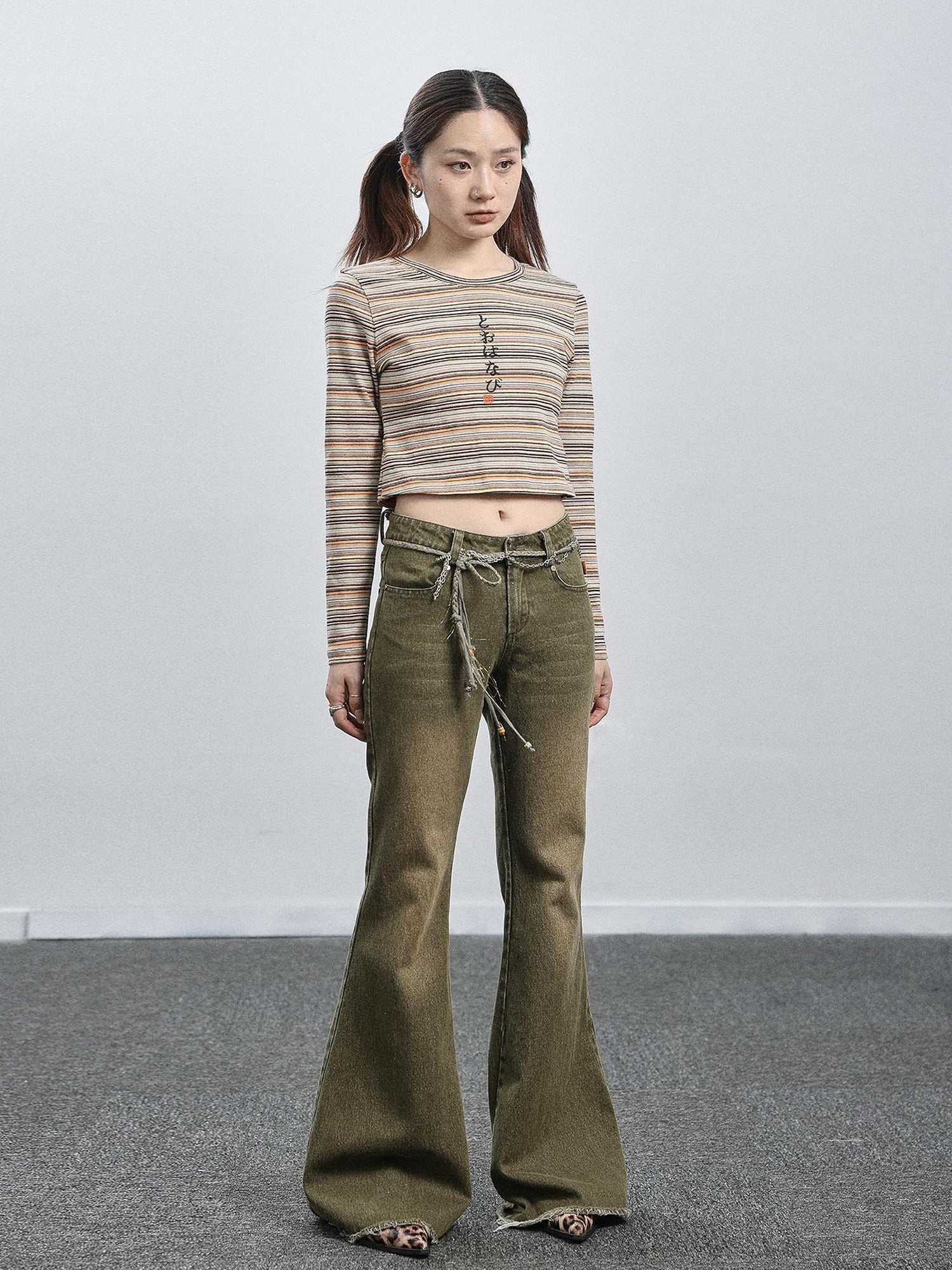 Achihara Green Denim Flare Pants For Summer & Fall