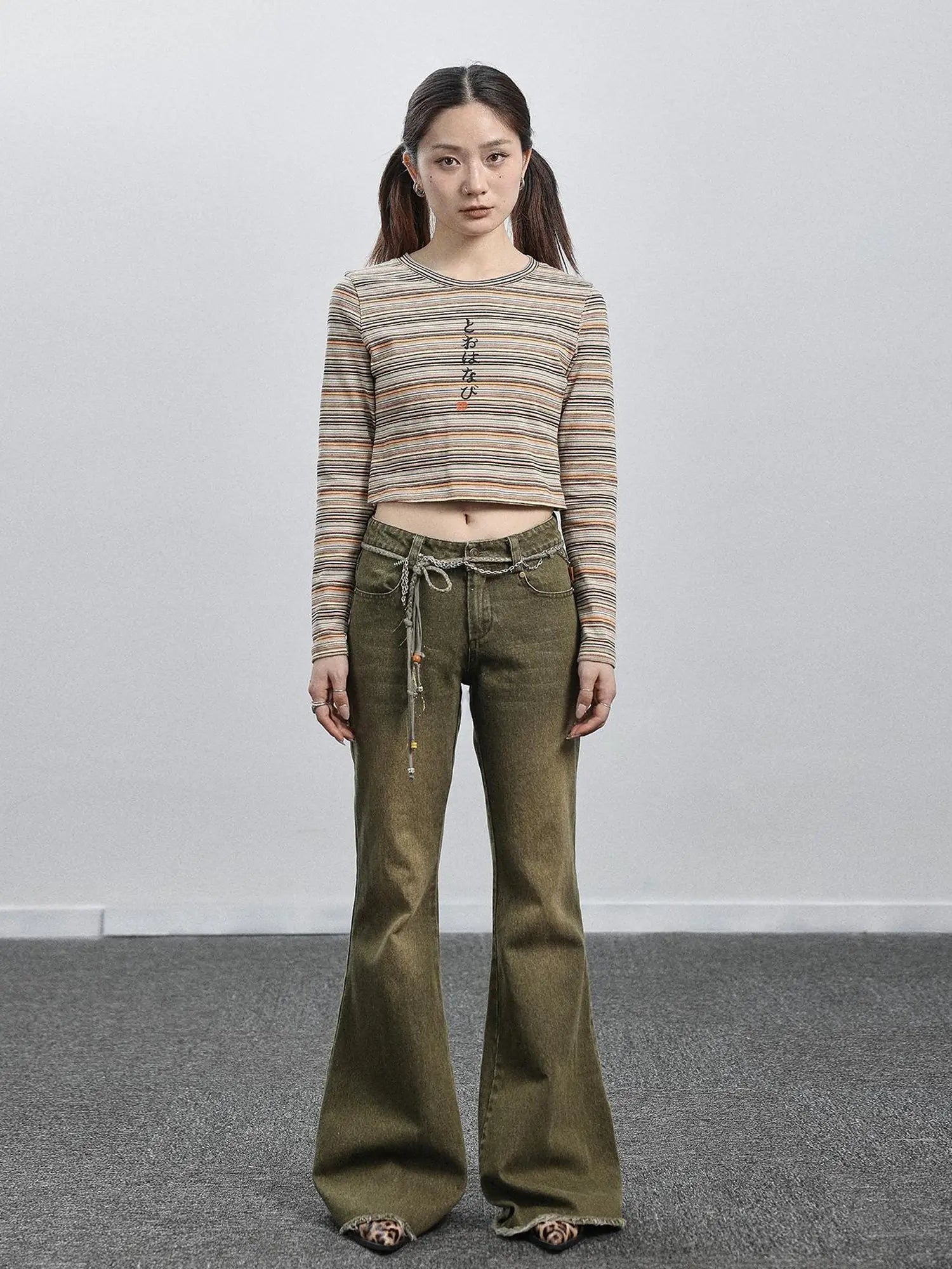 Green Denim Flare Pants For Summer & Fall
