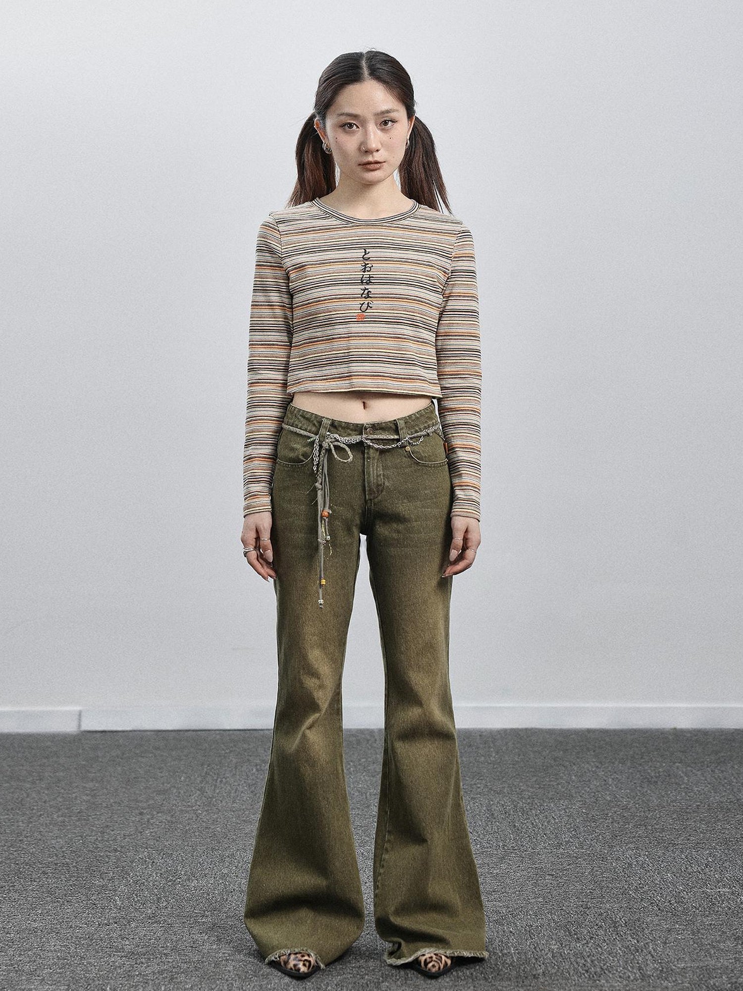 Achihara Green Denim Flare Pants For Summer & Fall