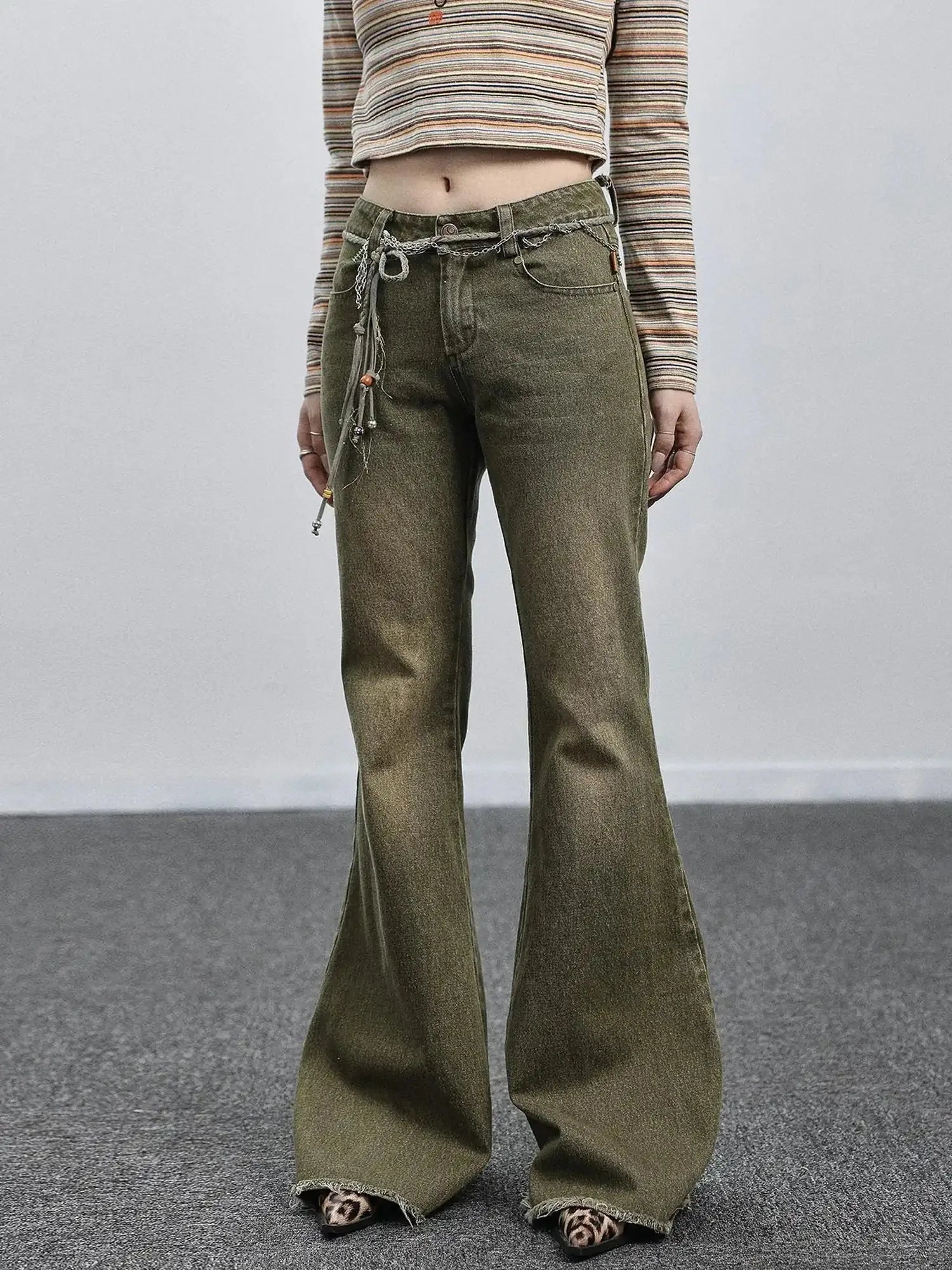 Green Denim Flare Pants For Summer & Fall