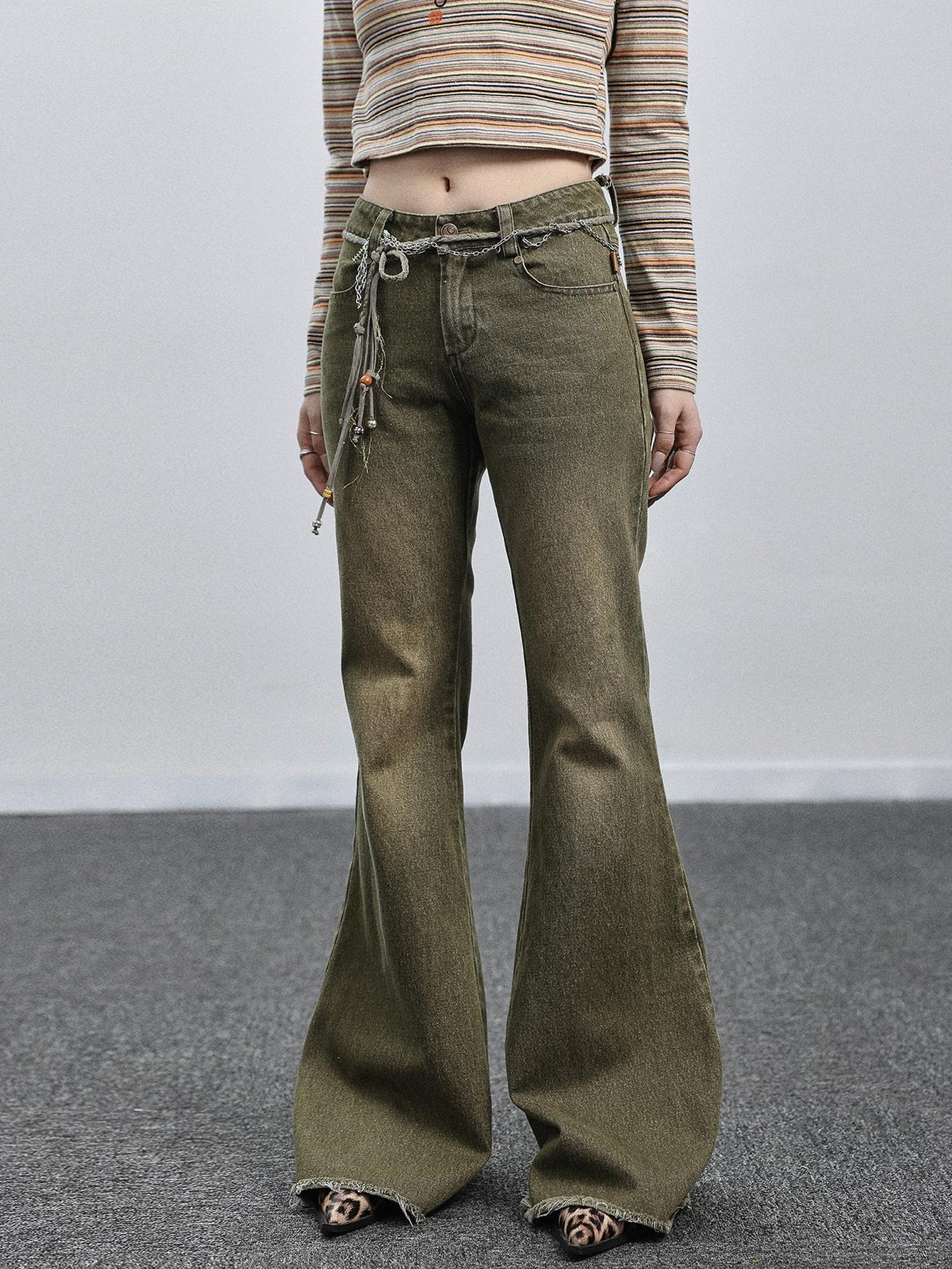Achihara Green Denim Flare Pants For Summer & Fall