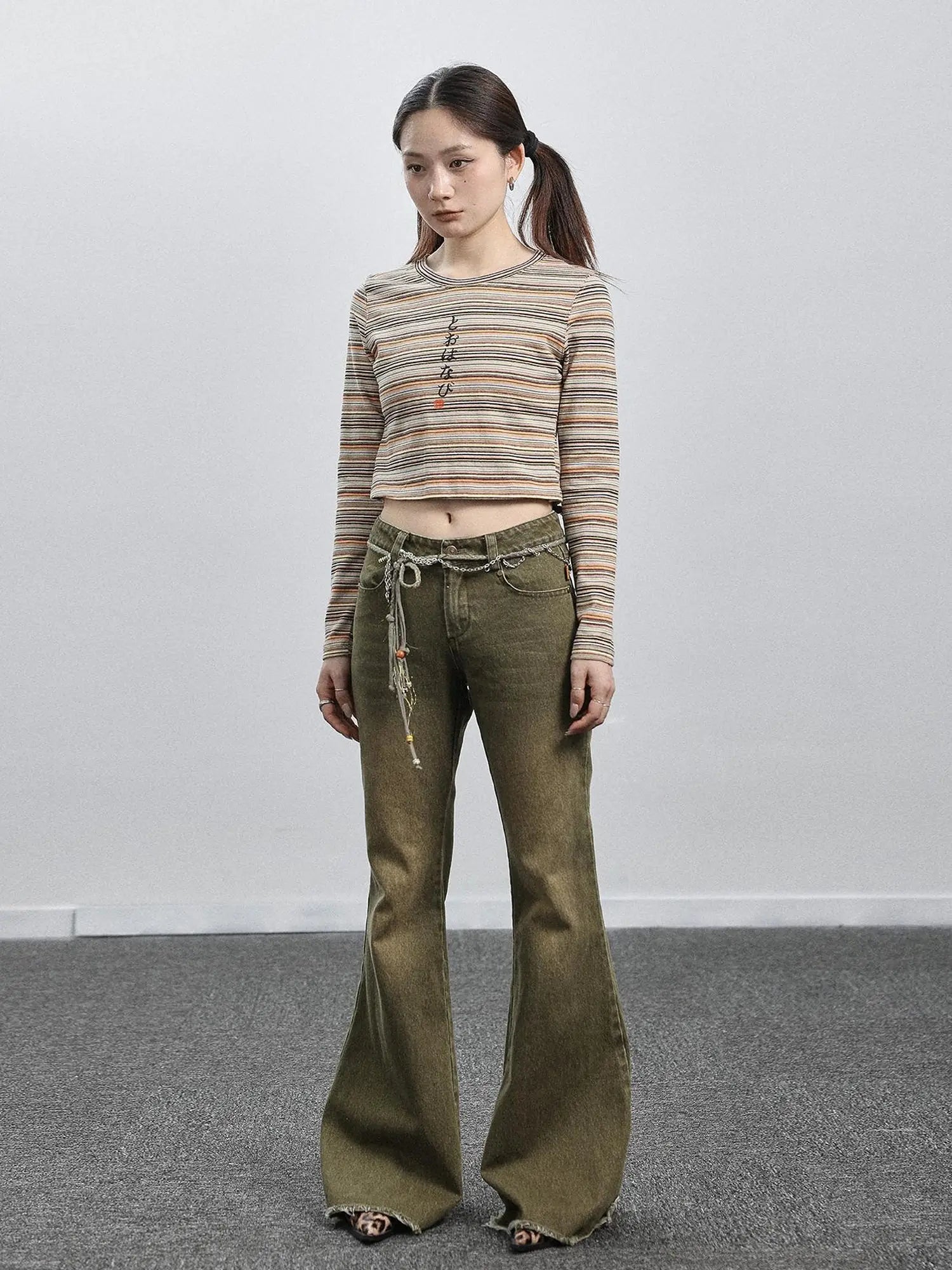 Green Denim Flare Pants For Summer & Fall