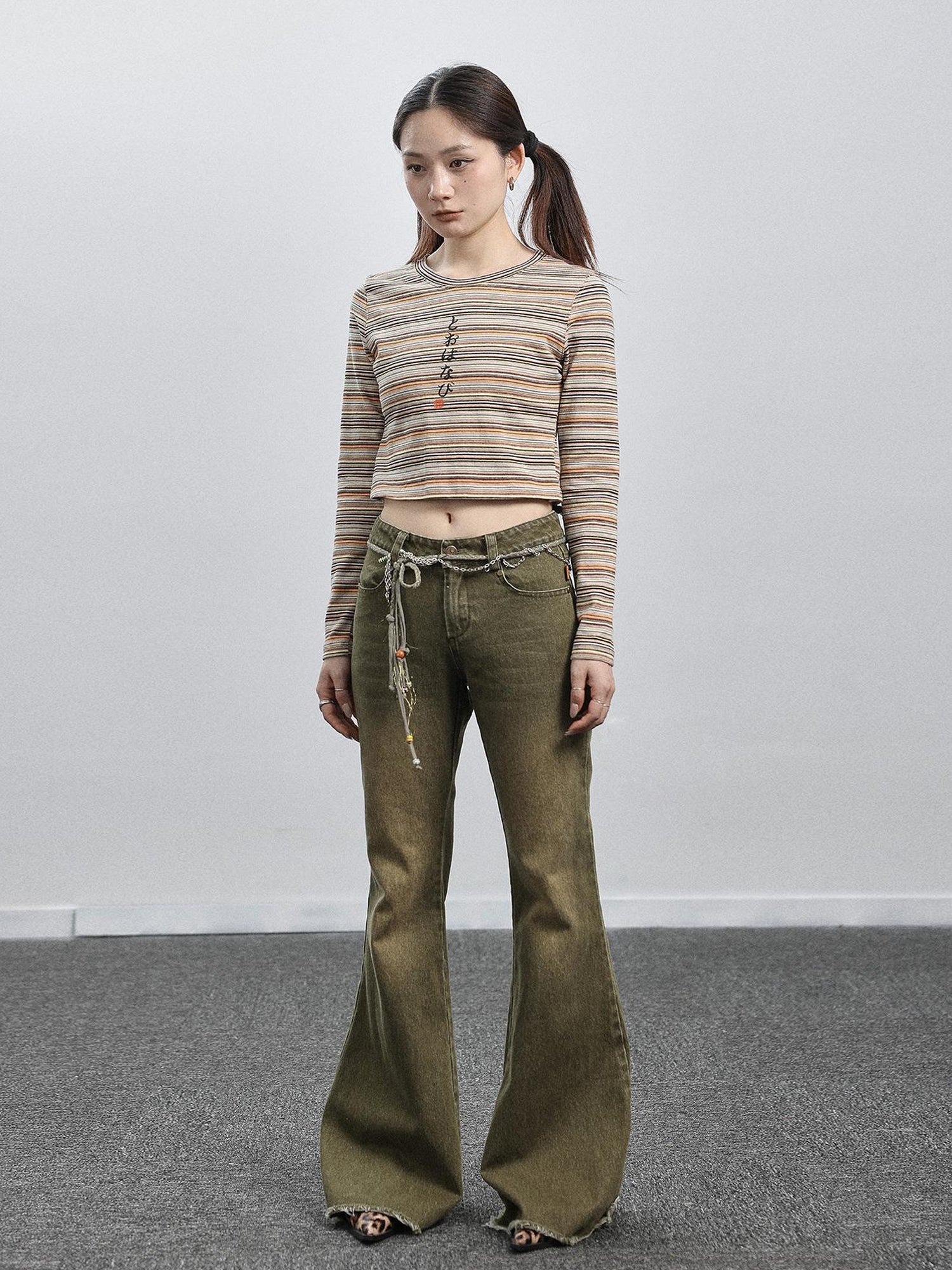 Achihara Green Denim Flare Pants For Summer & Fall