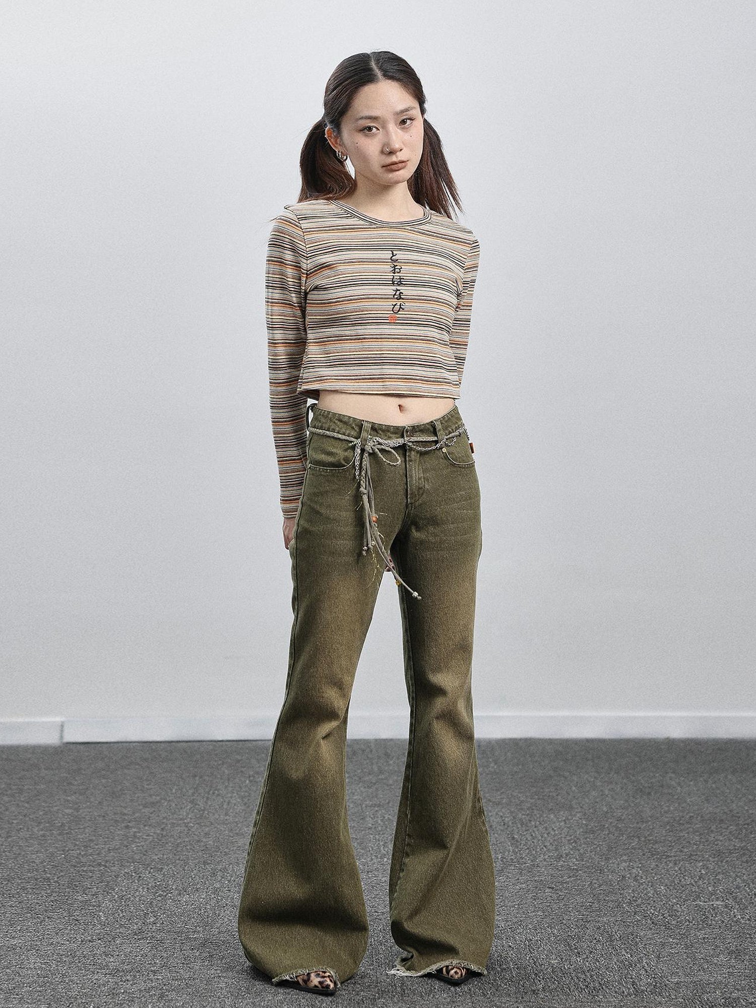 Achihara Green Denim Flare Pants For Summer & Fall