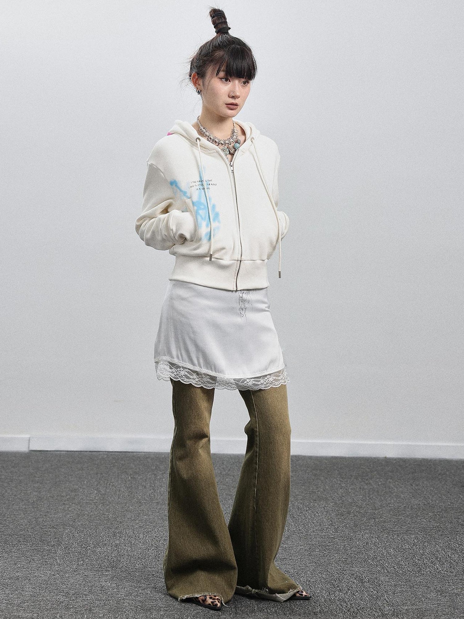 Achihara Green Denim Flare Pants For Summer & Fall