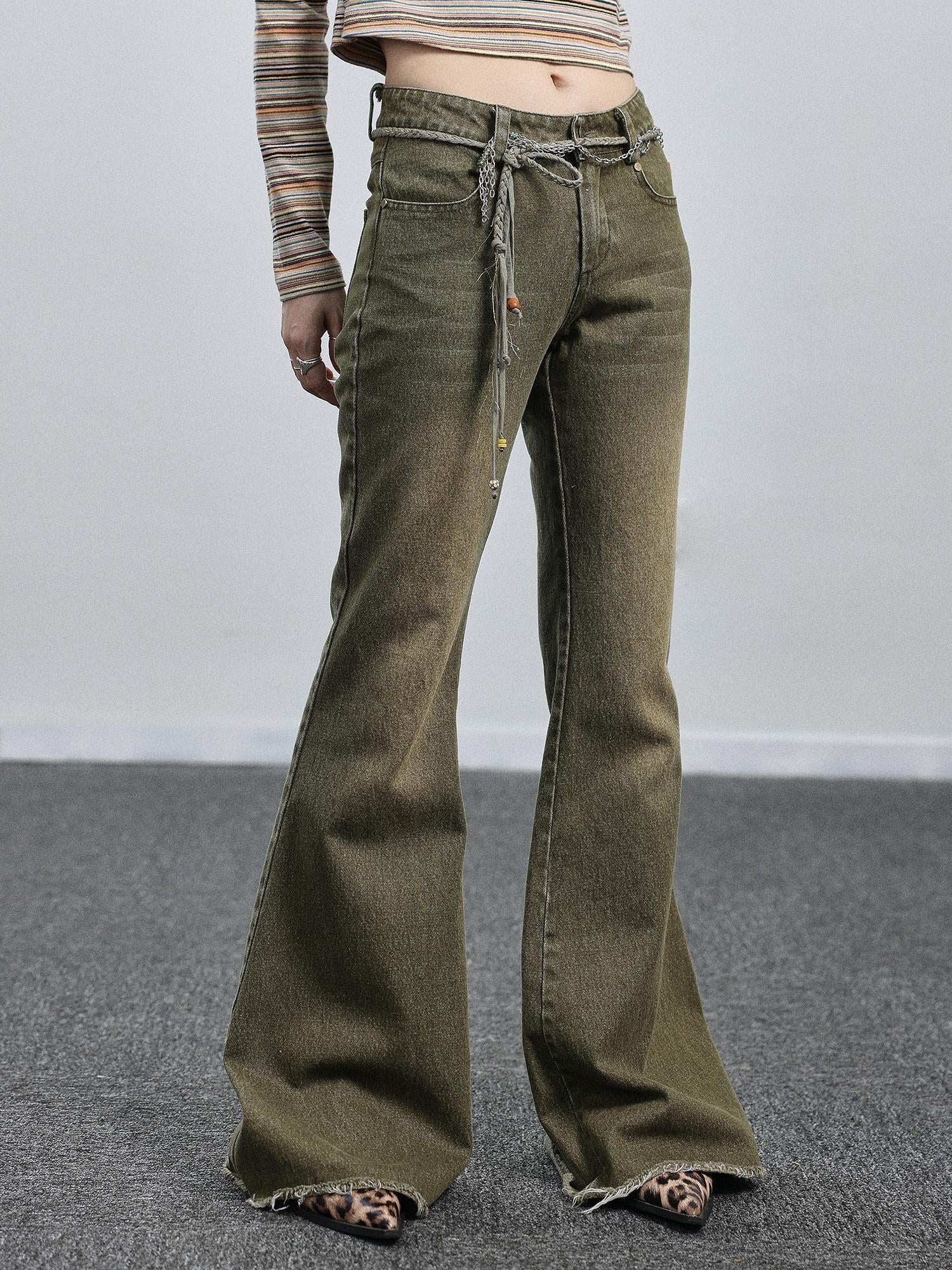 Achihara Green Denim Flare Pants For Summer & Fall