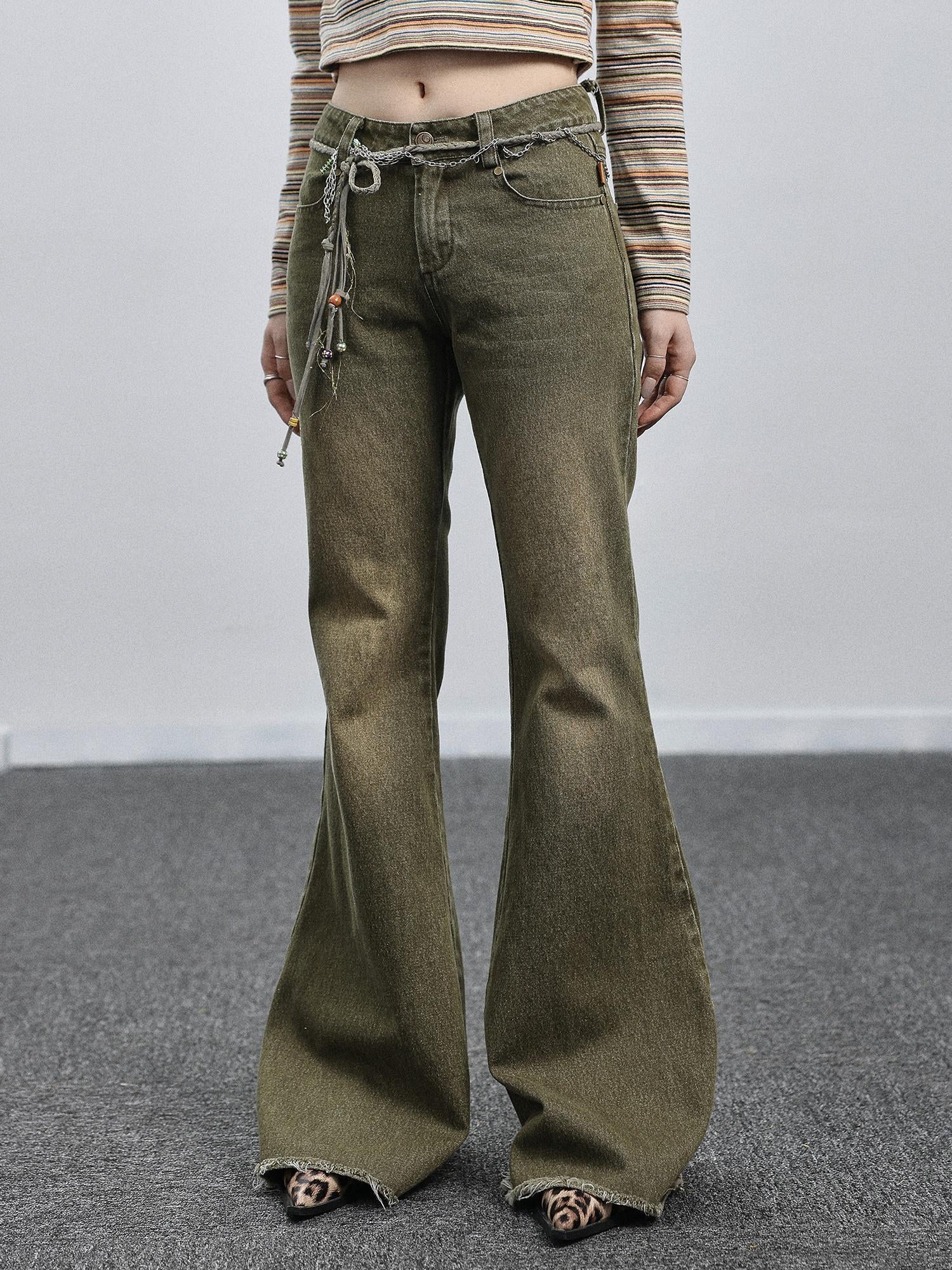 Achihara Green Denim Flare Pants For Summer & Fall
