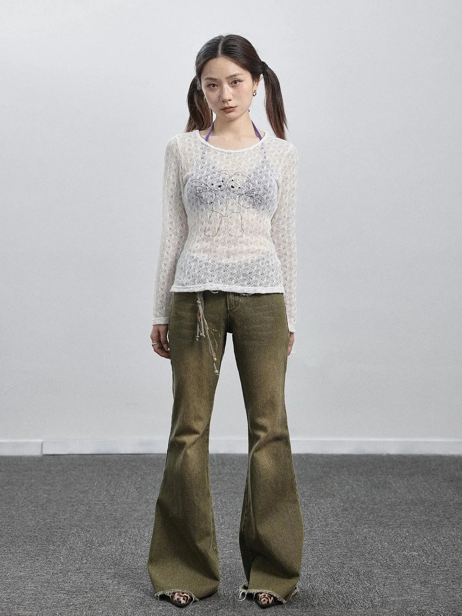 Green Denim Flare Pants For Summer & Fall