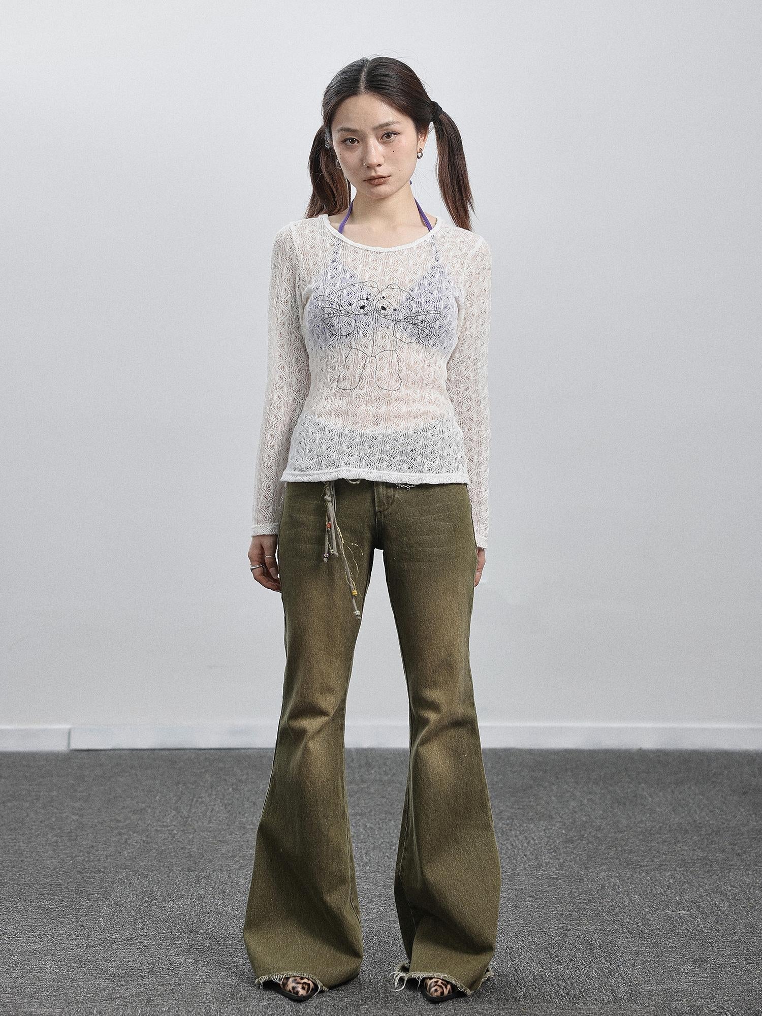 Achihara Green Denim Flare Pants For Summer & Fall