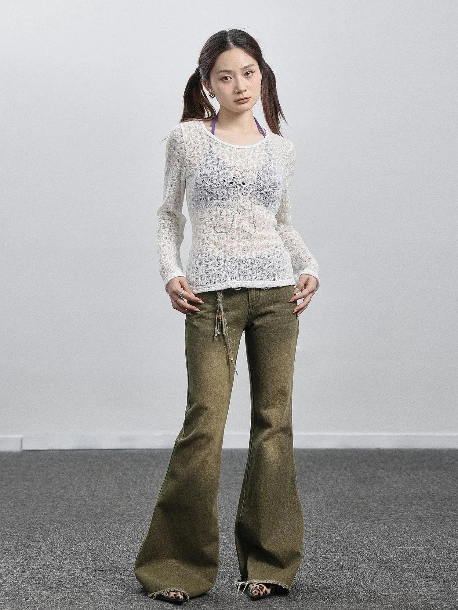 Green Denim Flare Pants For Summer & Fall