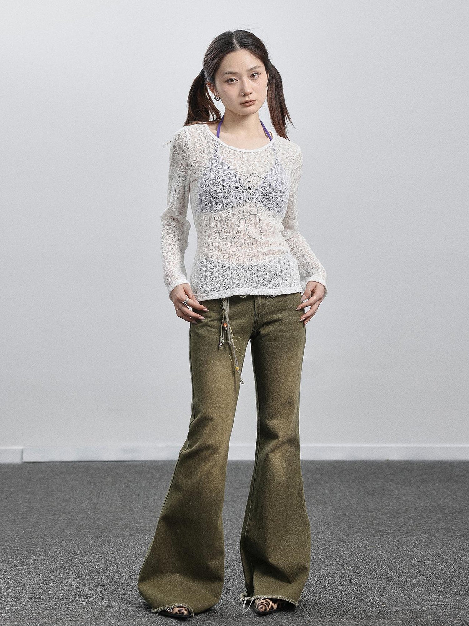 Achihara Green Denim Flare Pants For Summer & Fall