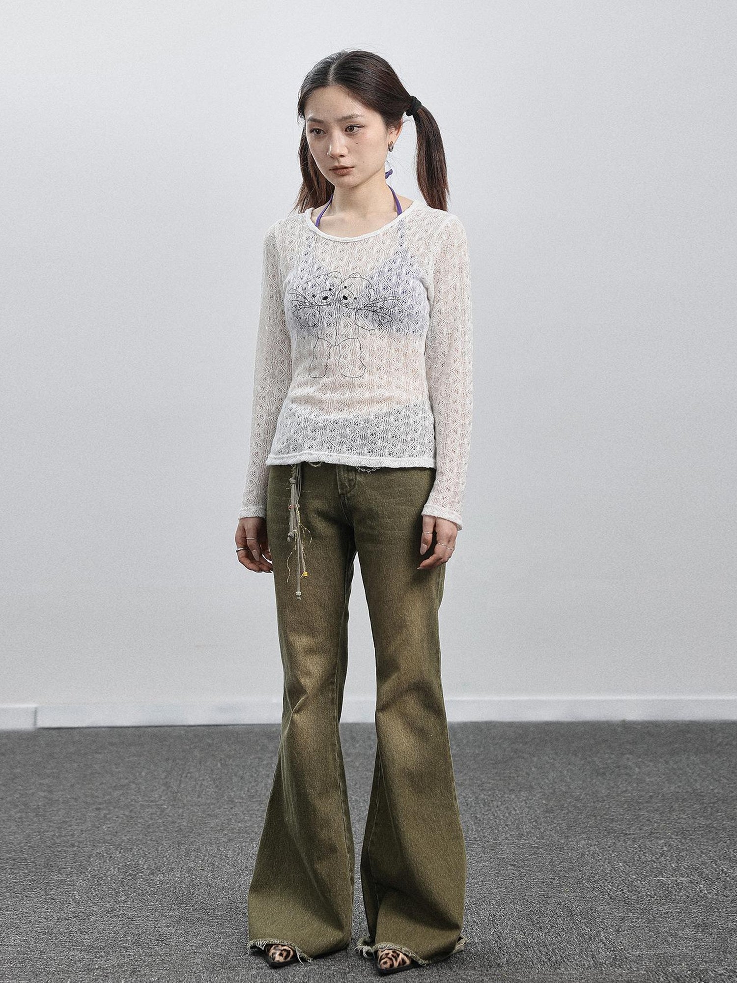Achihara Green Denim Flare Pants For Summer & Fall