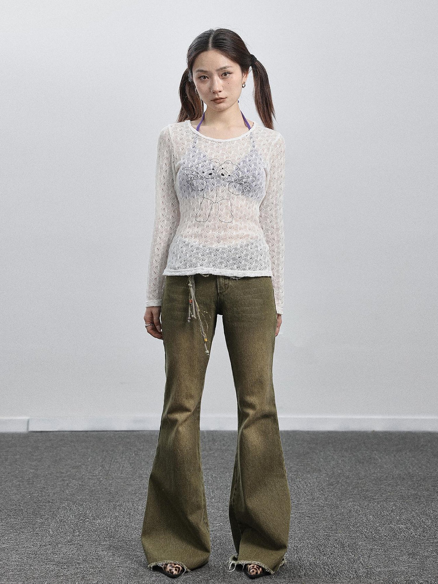 Achihara Green Denim Flare Pants For Summer & Fall