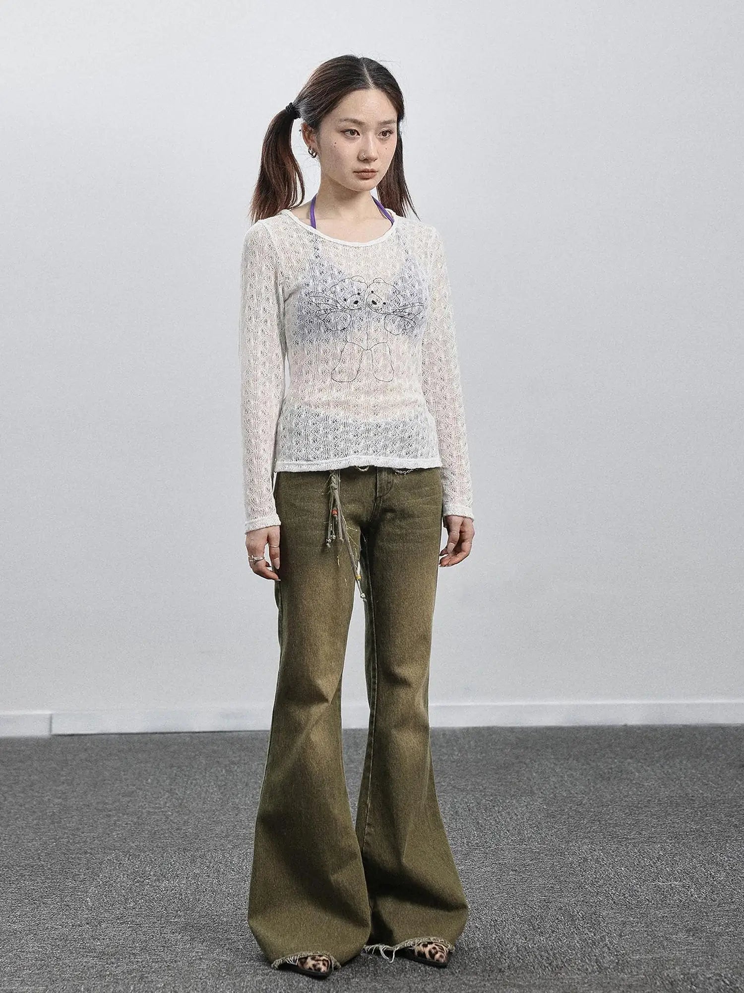 Green Denim Flare Pants For Summer & Fall
