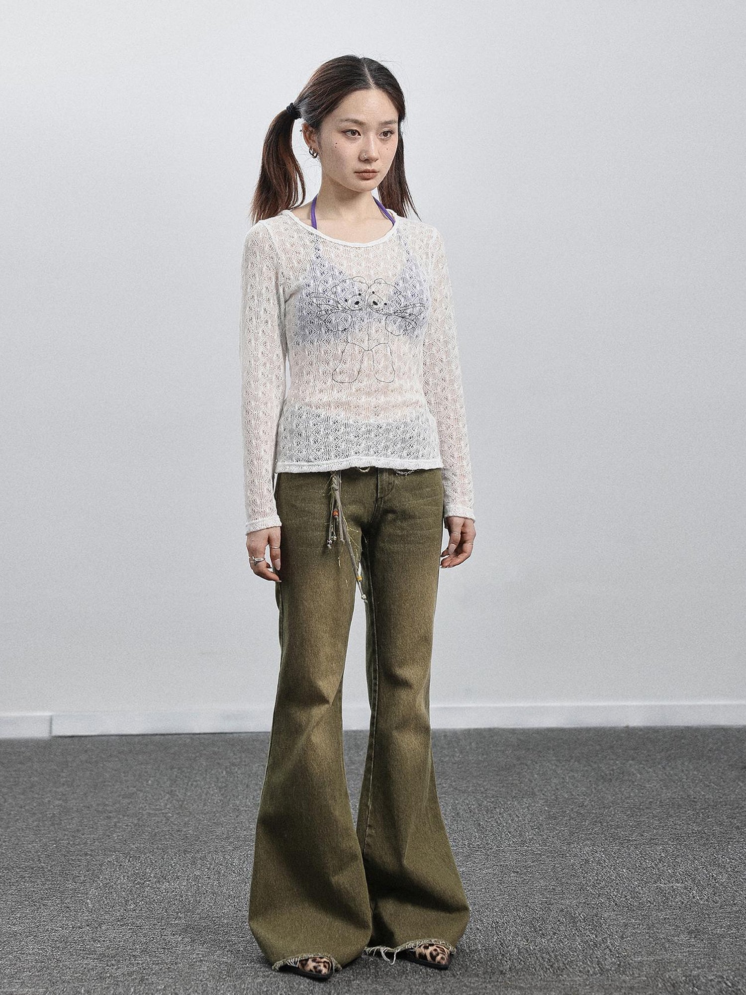 Achihara Green Denim Flare Pants For Summer & Fall