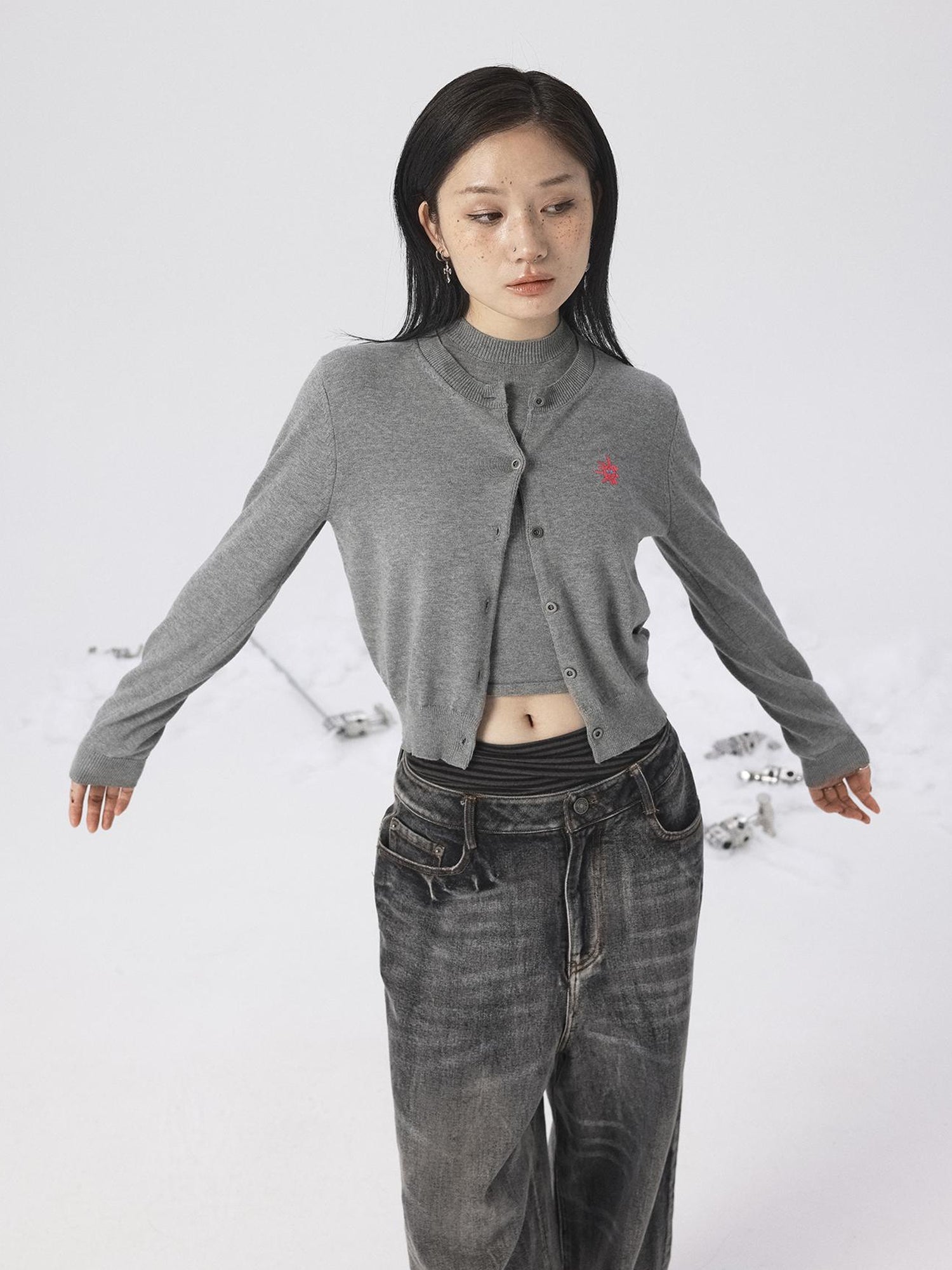 Achihara Grey Knit Vest & Cardigan Set