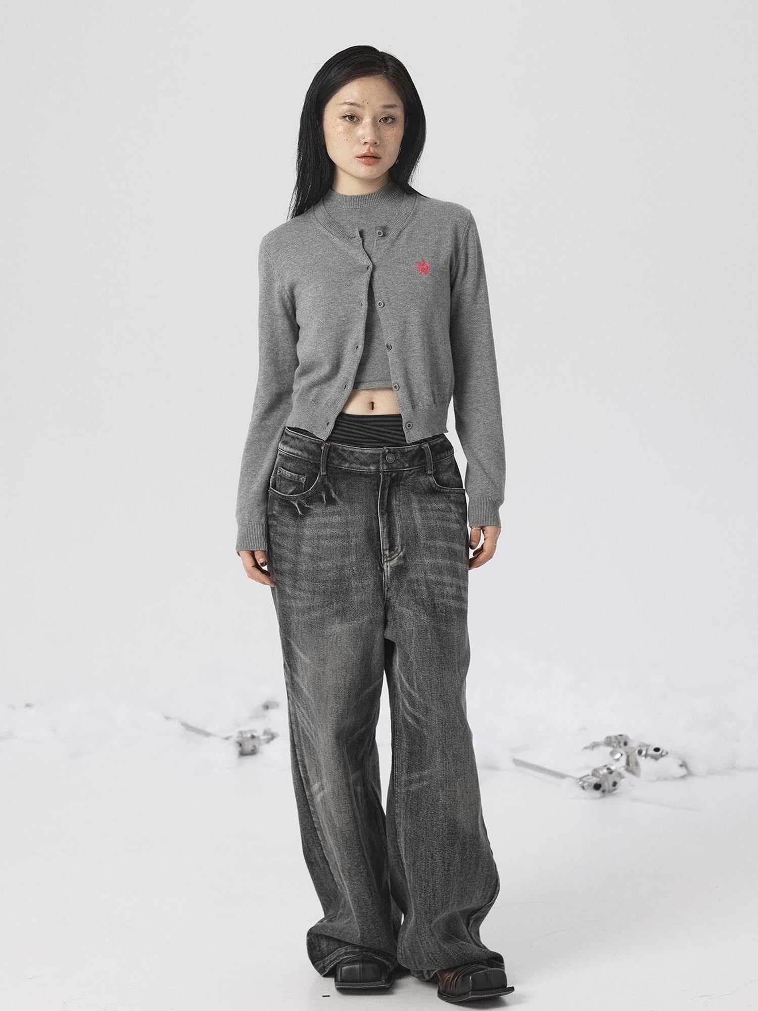 Achihara Grey Knit Vest & Cardigan Set