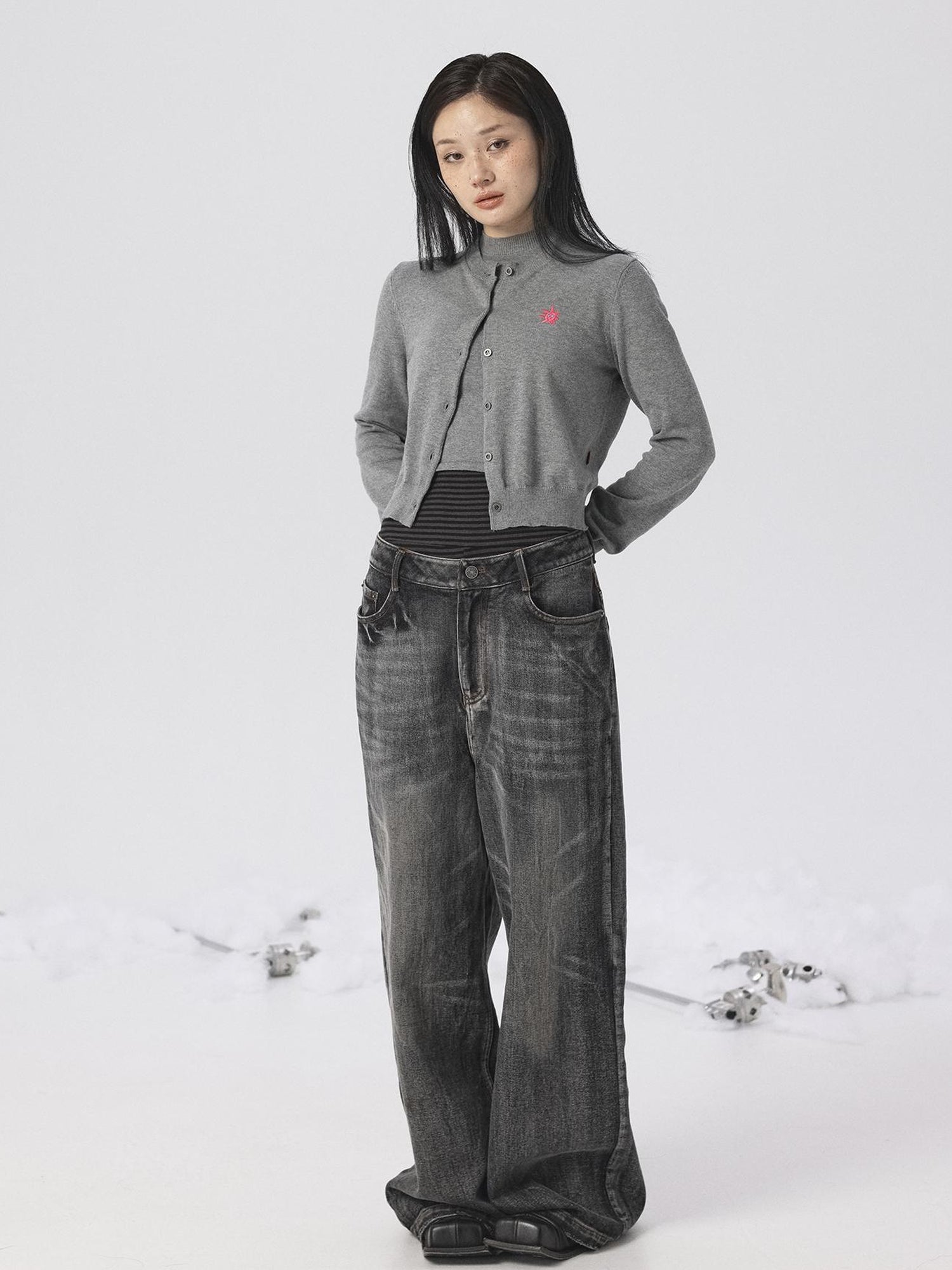 Achihara Grey Knit Vest & Cardigan Set