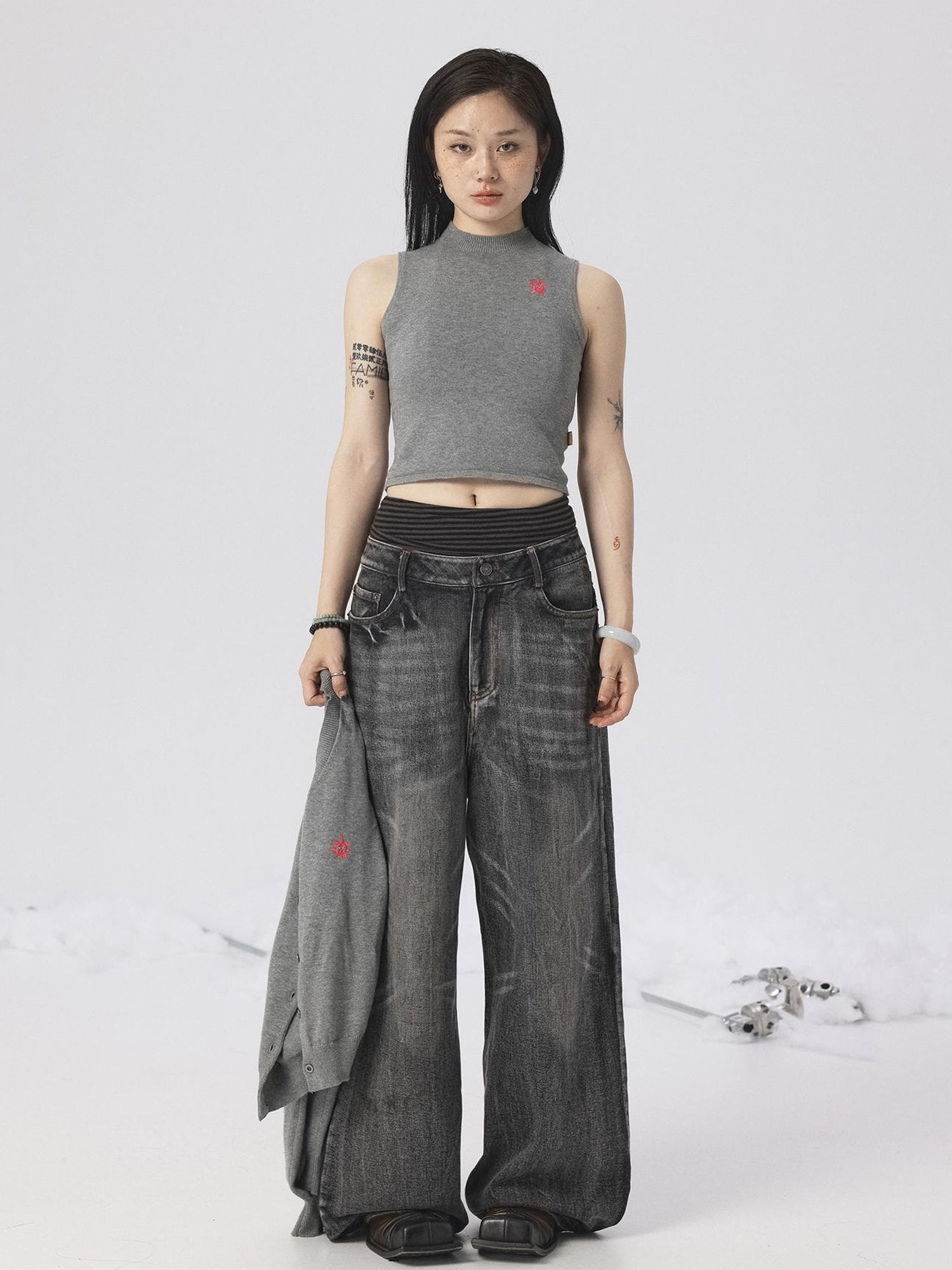 Achihara Grey Knit Vest & Cardigan Set