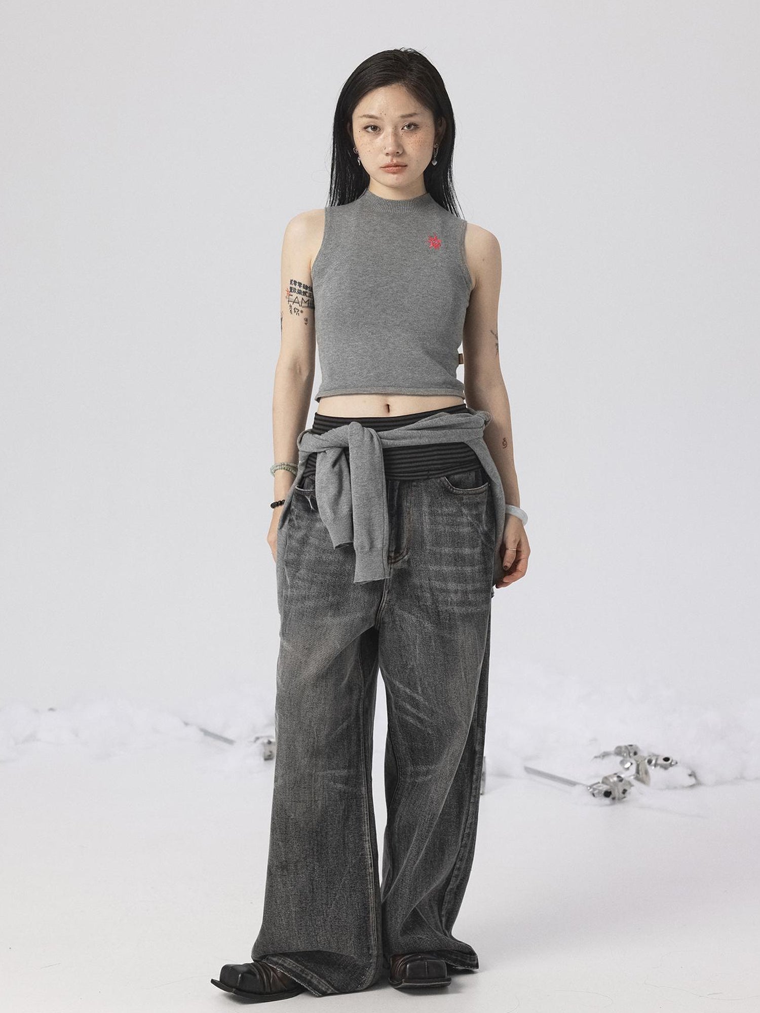 Achihara Grey Knit Vest & Cardigan Set