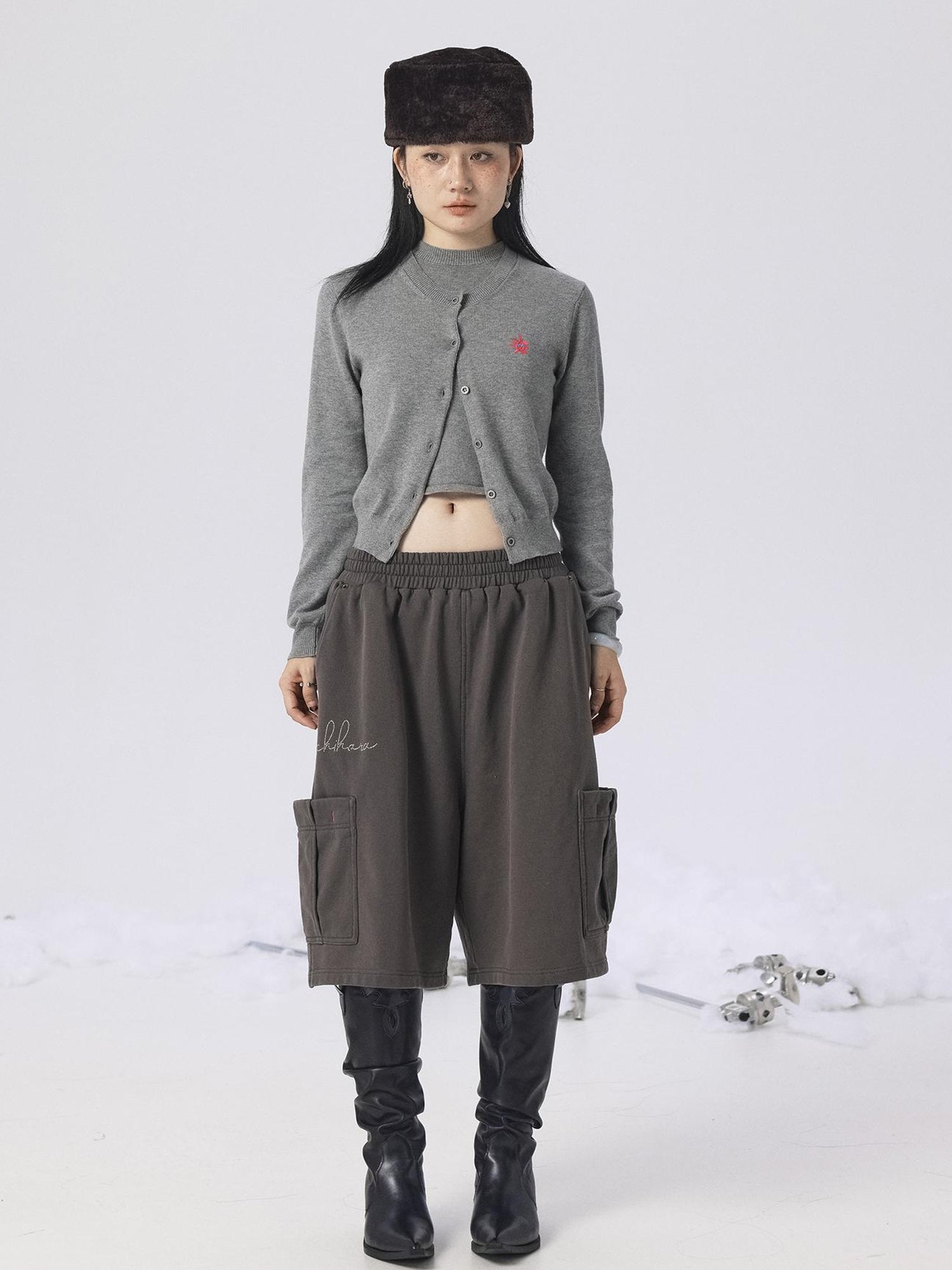 Achihara Grey Knit Vest & Cardigan Set