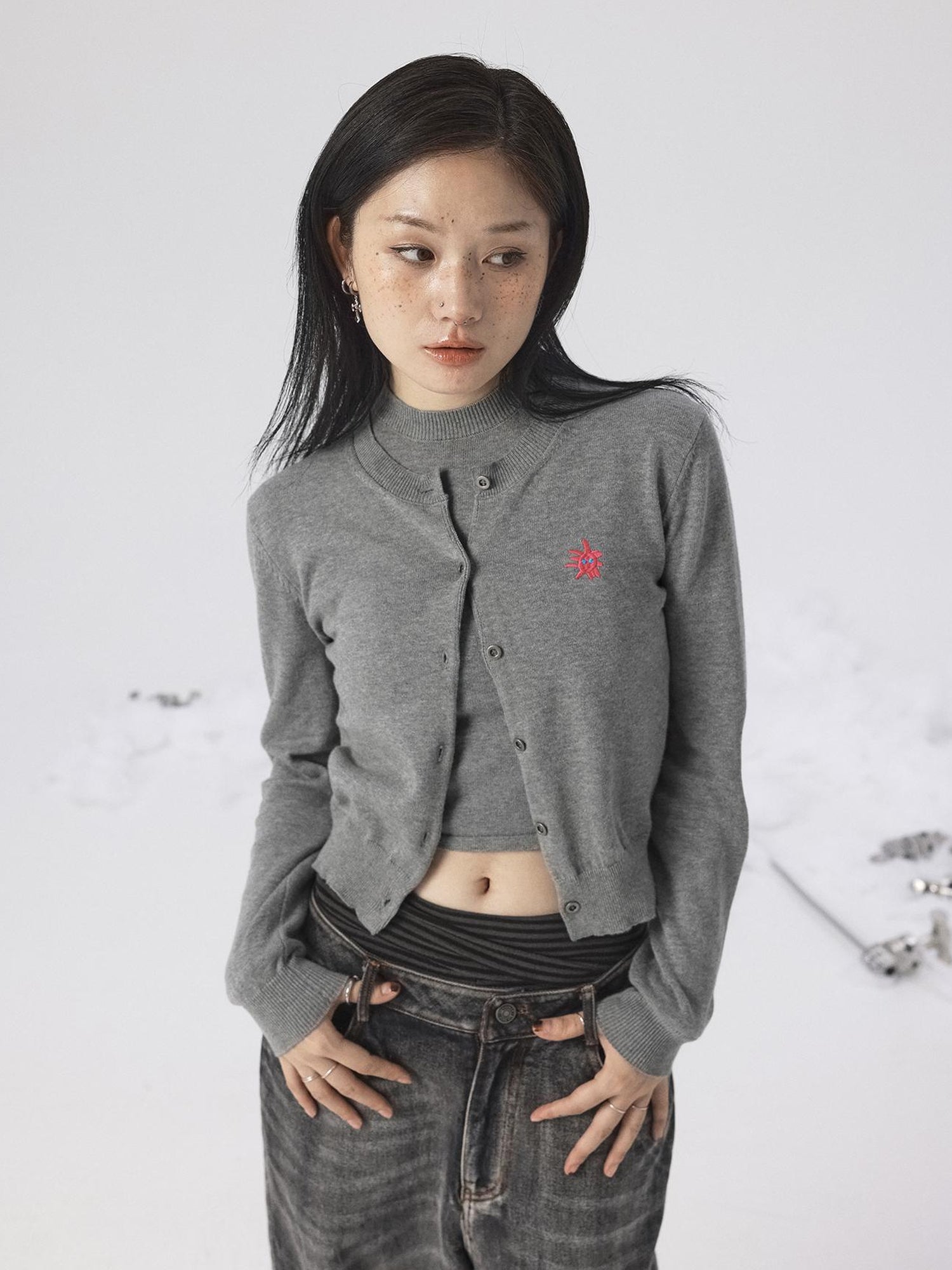 Achihara Grey Knit Vest & Cardigan Set