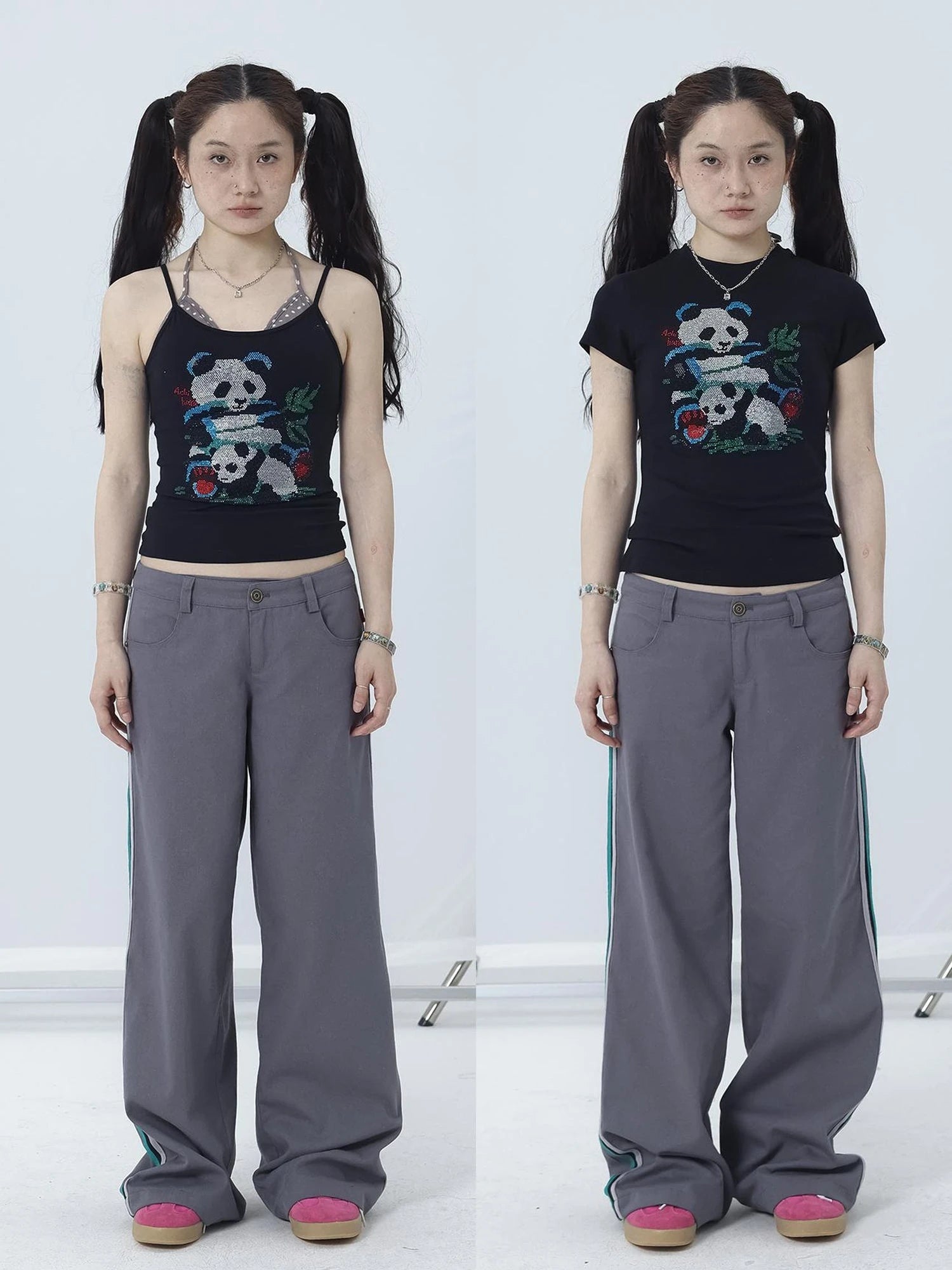Happy Panda Embroidered Crop Tee V-neck T-shirt Long-Sleeve