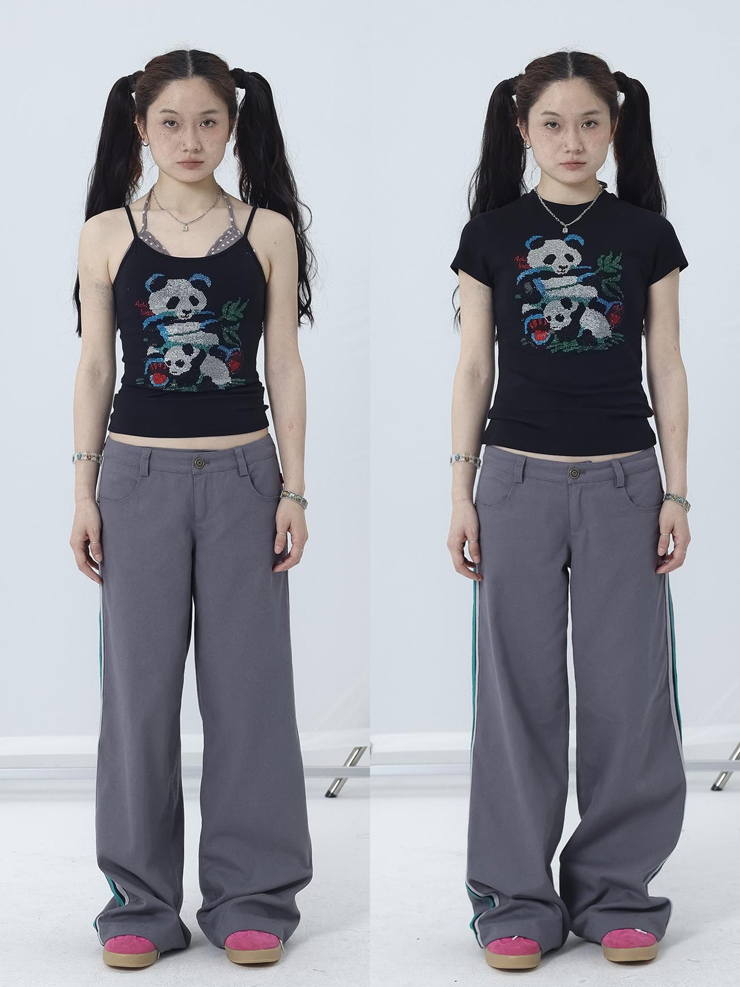 Achihara Happy Panda Embroidered Crop Tee V-neck T-shirt Long-Sleeve