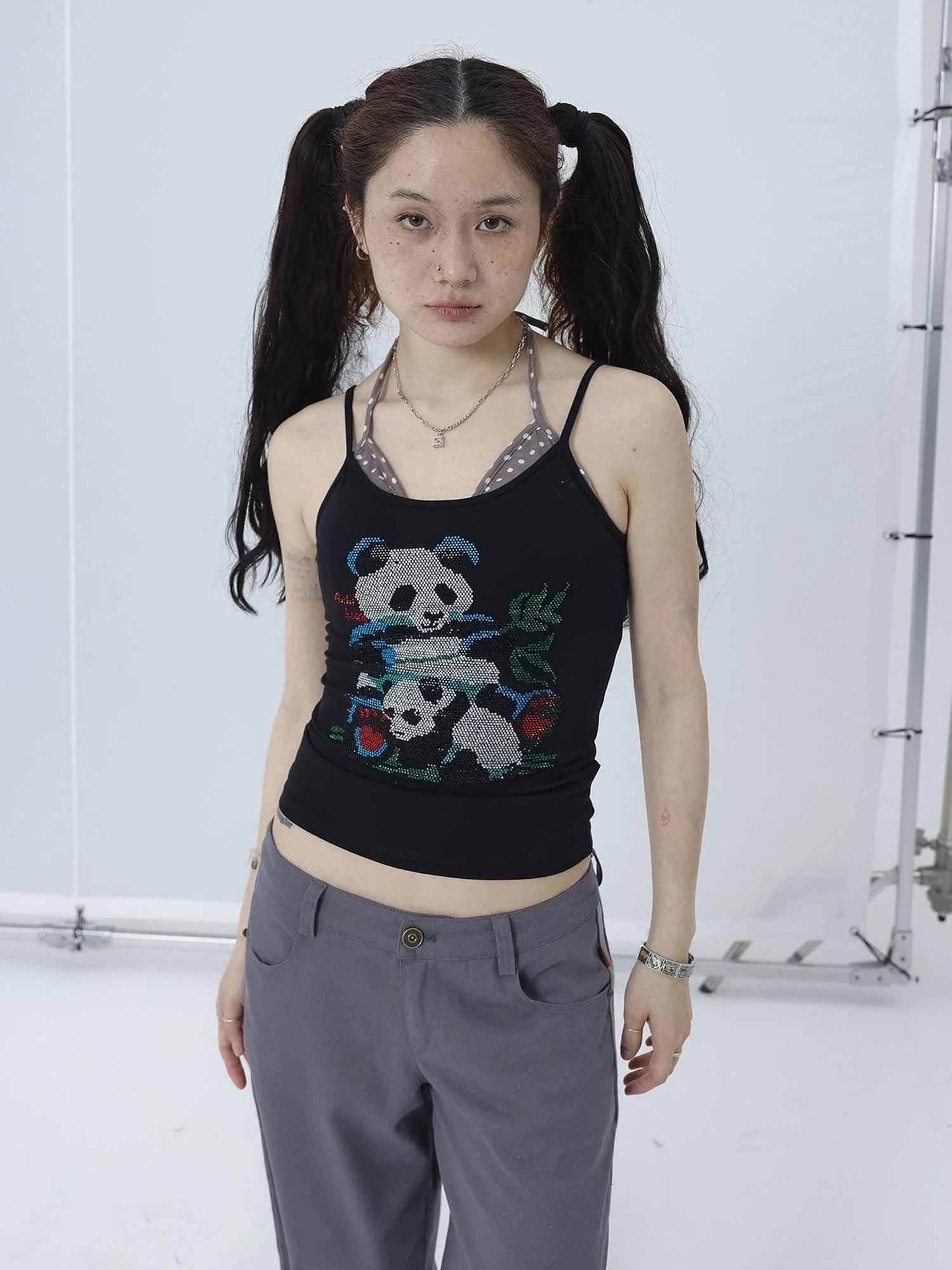 Happy Panda Embroidered Crop Tee V-neck T-shirt Long-Sleeve