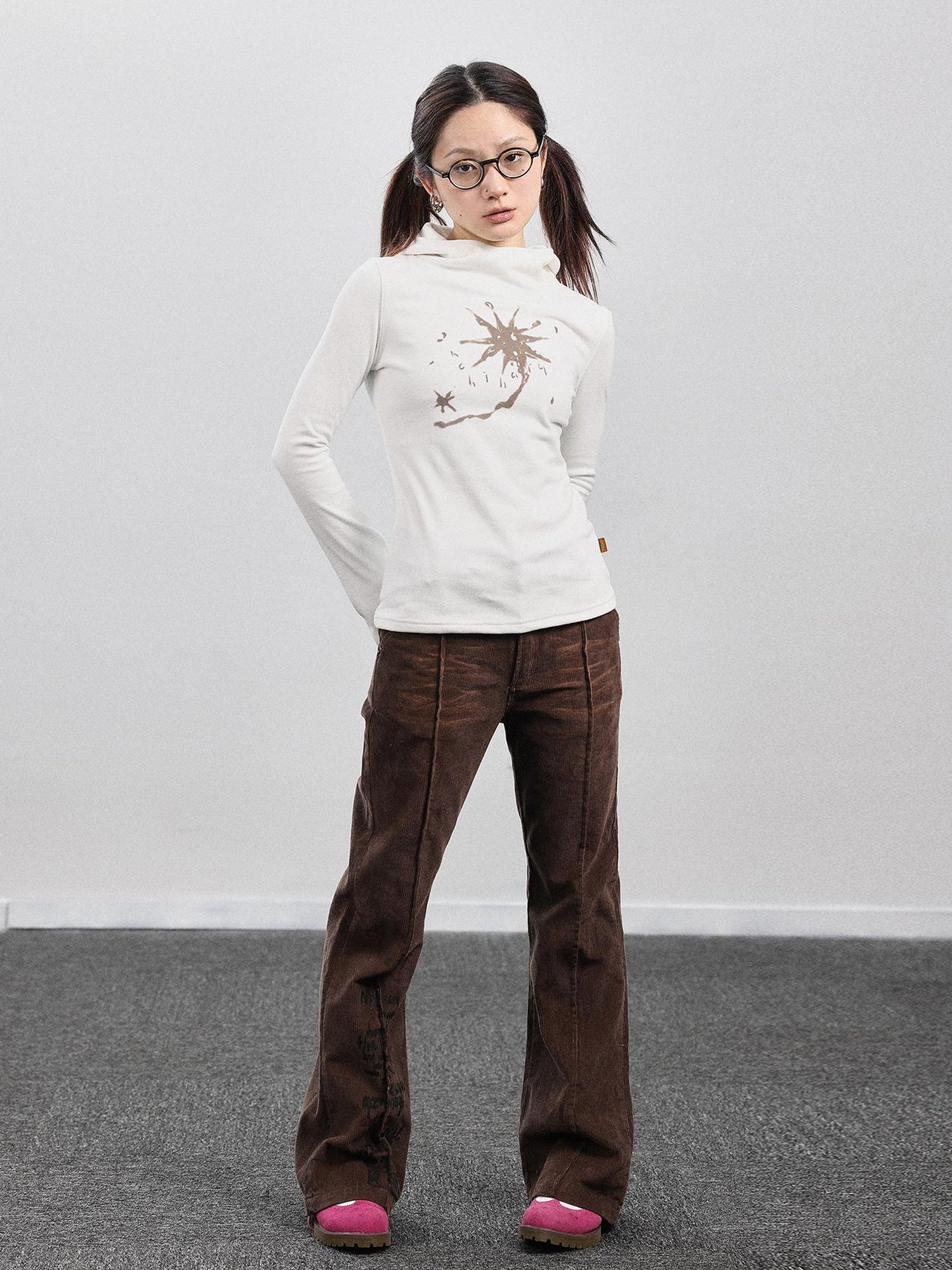 Achihara Hooded Star Print Thermal Long Sleeve T Shirt
