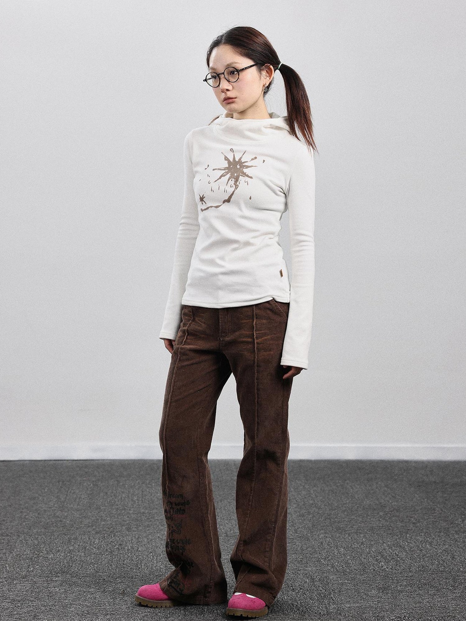 Achihara Hooded Star Print Thermal Long Sleeve T Shirt