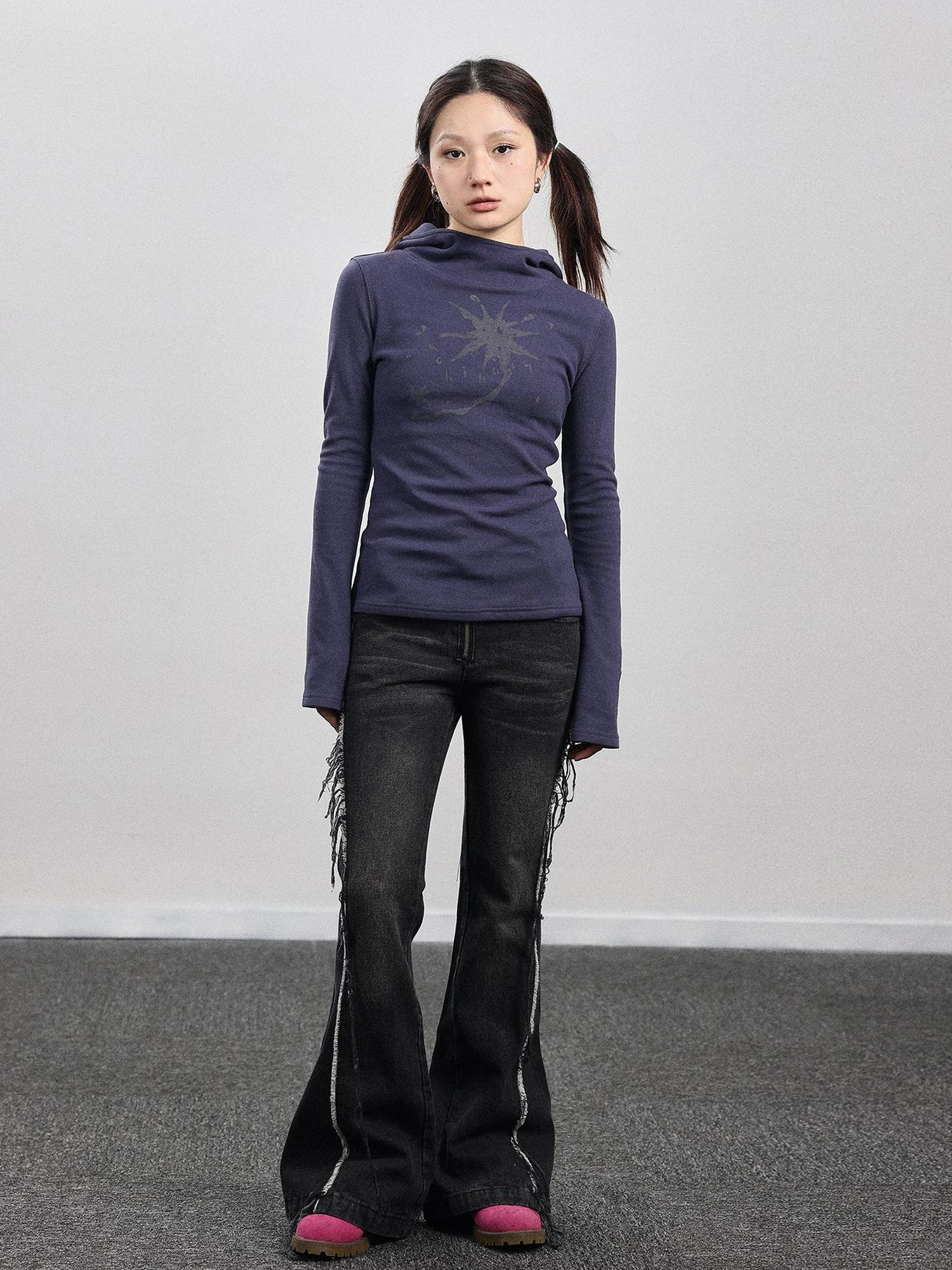 Achihara Hooded Star Print Thermal Long Sleeve T Shirt