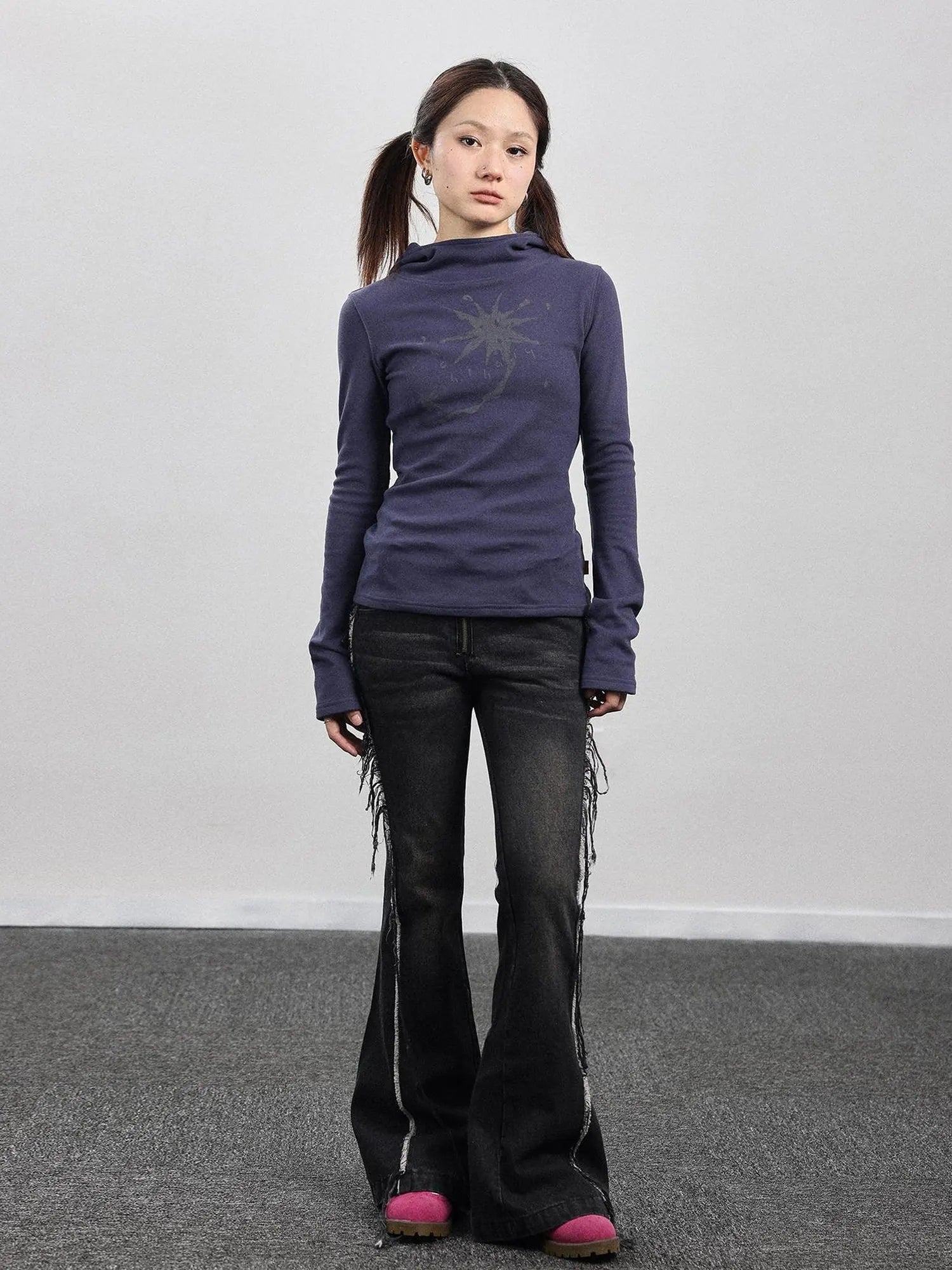Hooded Star Print Thermal Long Sleeve T Shirt